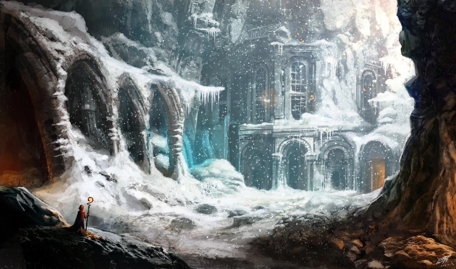 A lone figure with a staff in a snowy cave with ancient ruins HD Wallpaper