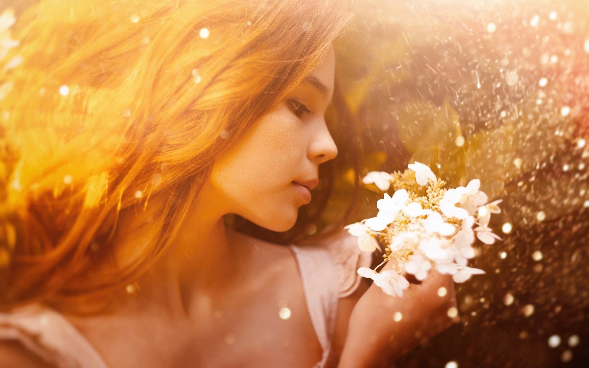 Woman with flowers in sunlight HD Wallpaper