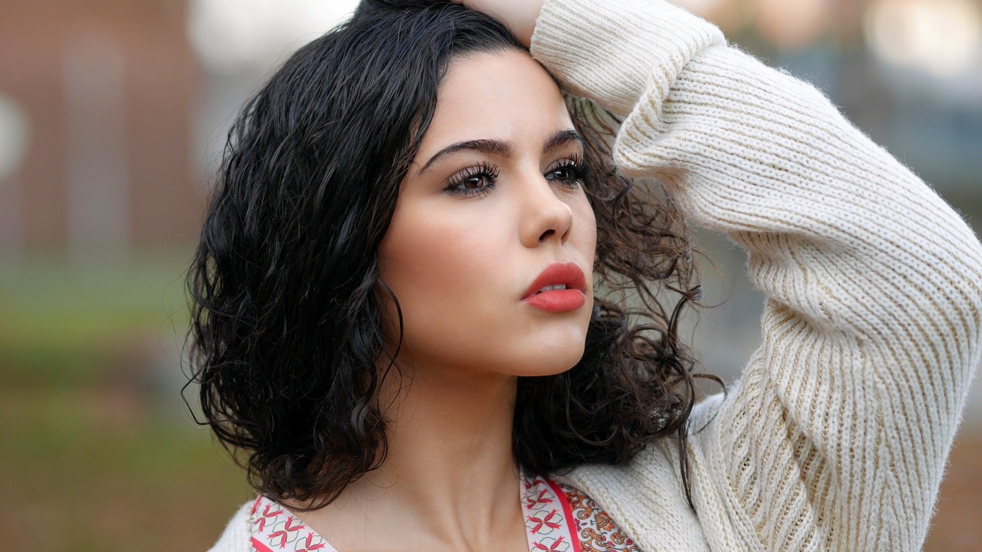 Woman with black hair wearing a cream sweater HD Wallpaper