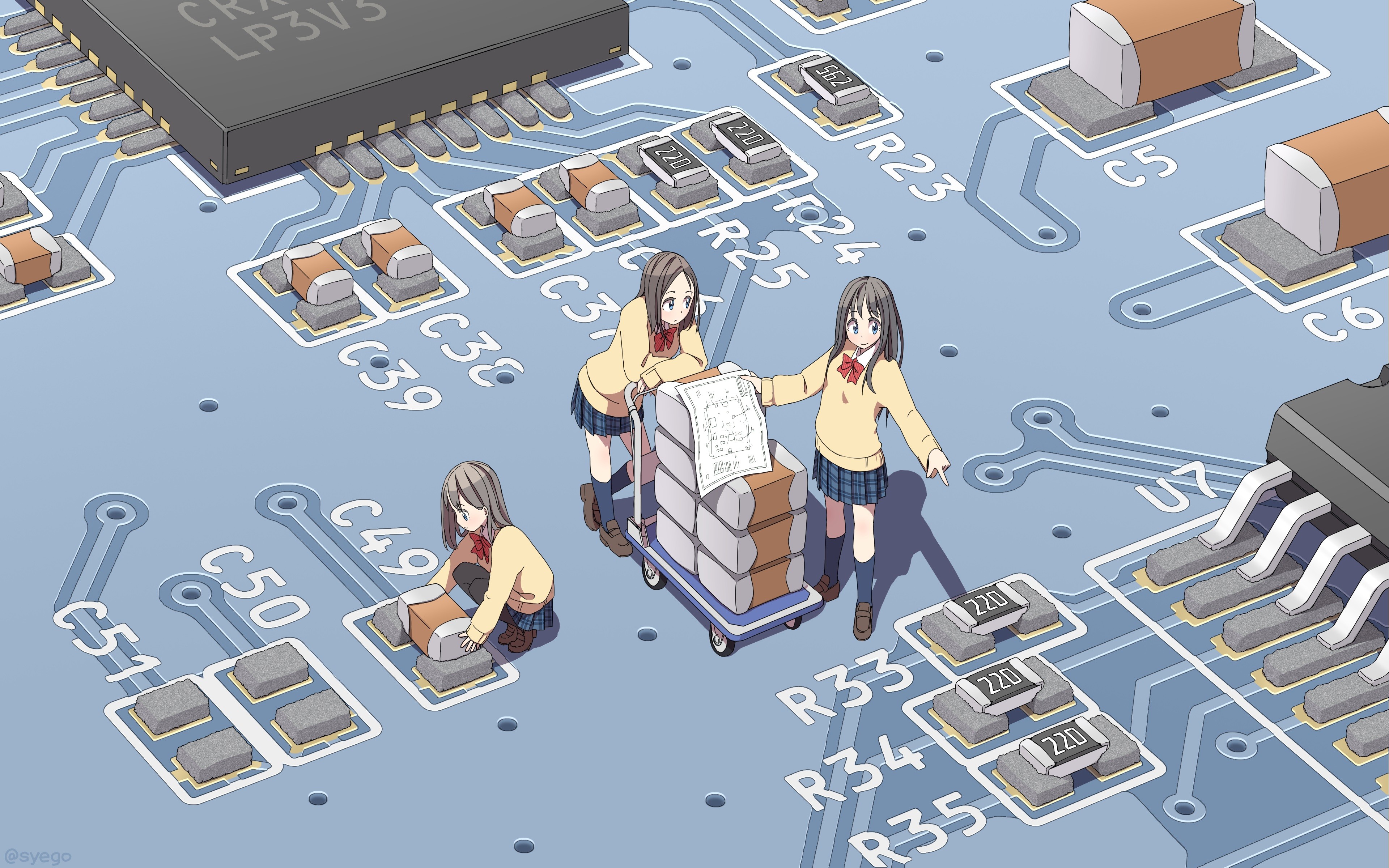 Anime girls working on a computer motherboard HD Wallpaper