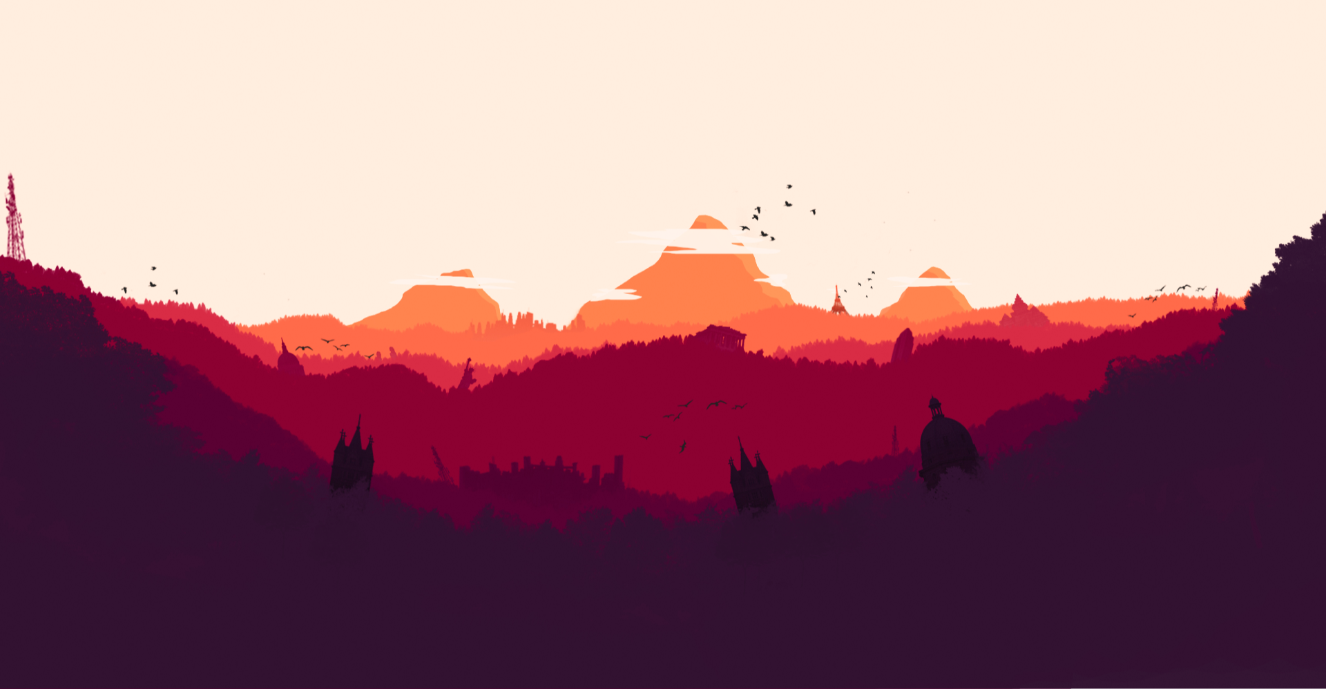 Minimalist landscape with mountains and cityscape HD Wallpaper