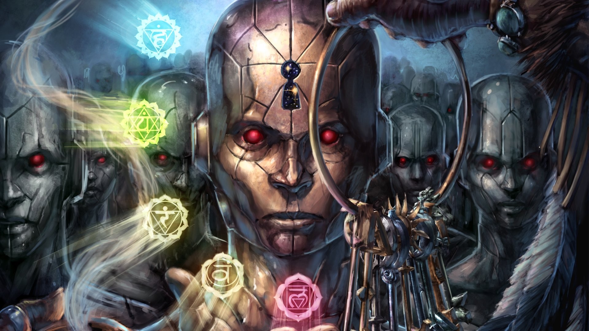 Robotic beings with glowing eyes and chakra symbols HD Wallpaper