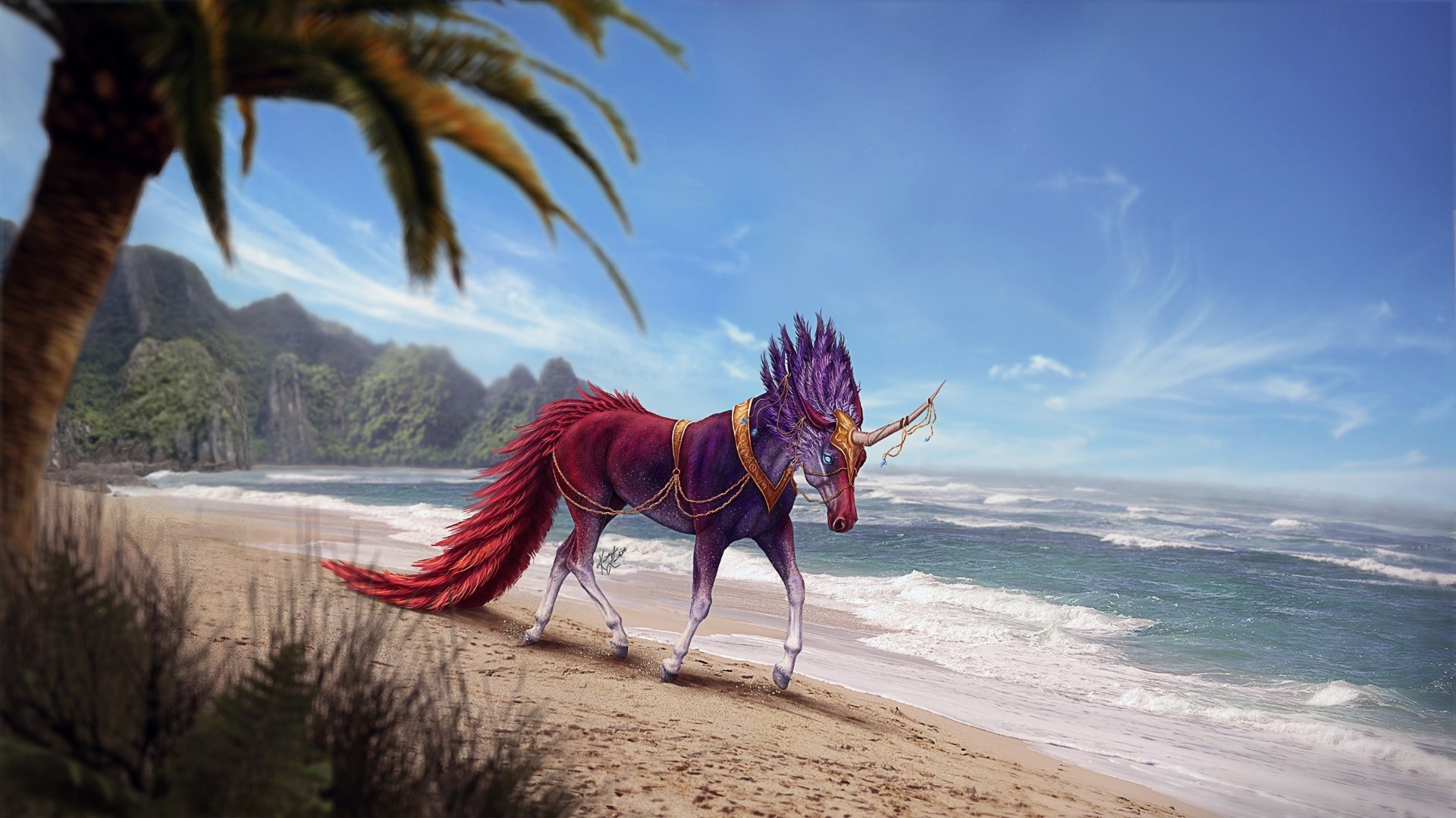 Fantasy unicorn on a tropical beach HD Wallpaper