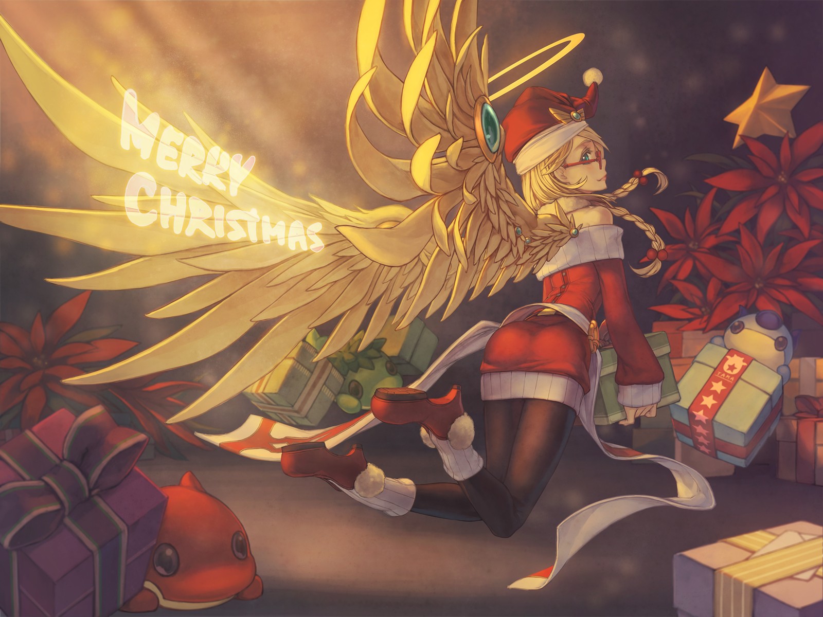 Anime girl with wings and Christmas outfit, Puzzle & Dragons HD Wallpaper