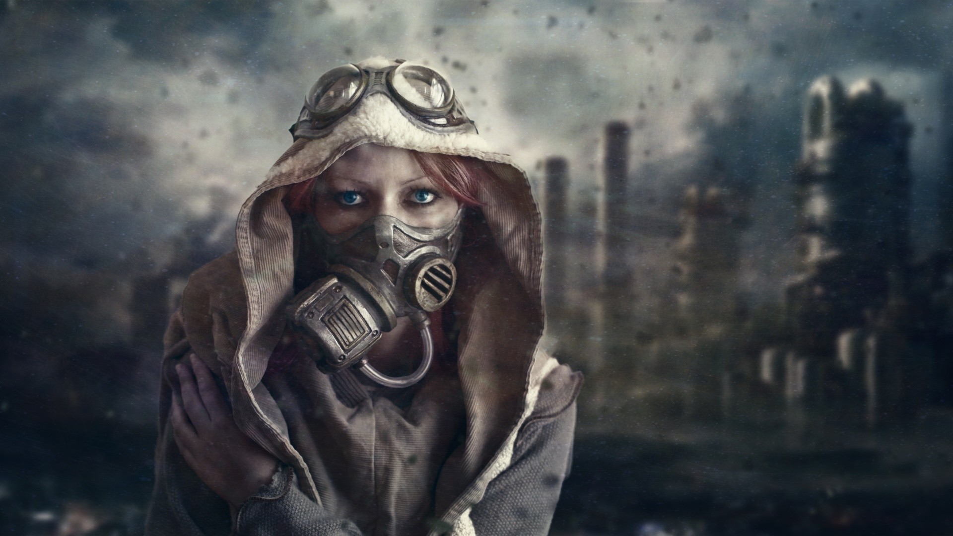 Woman in gas mask and goggles in apocalyptic city HD Wallpaper