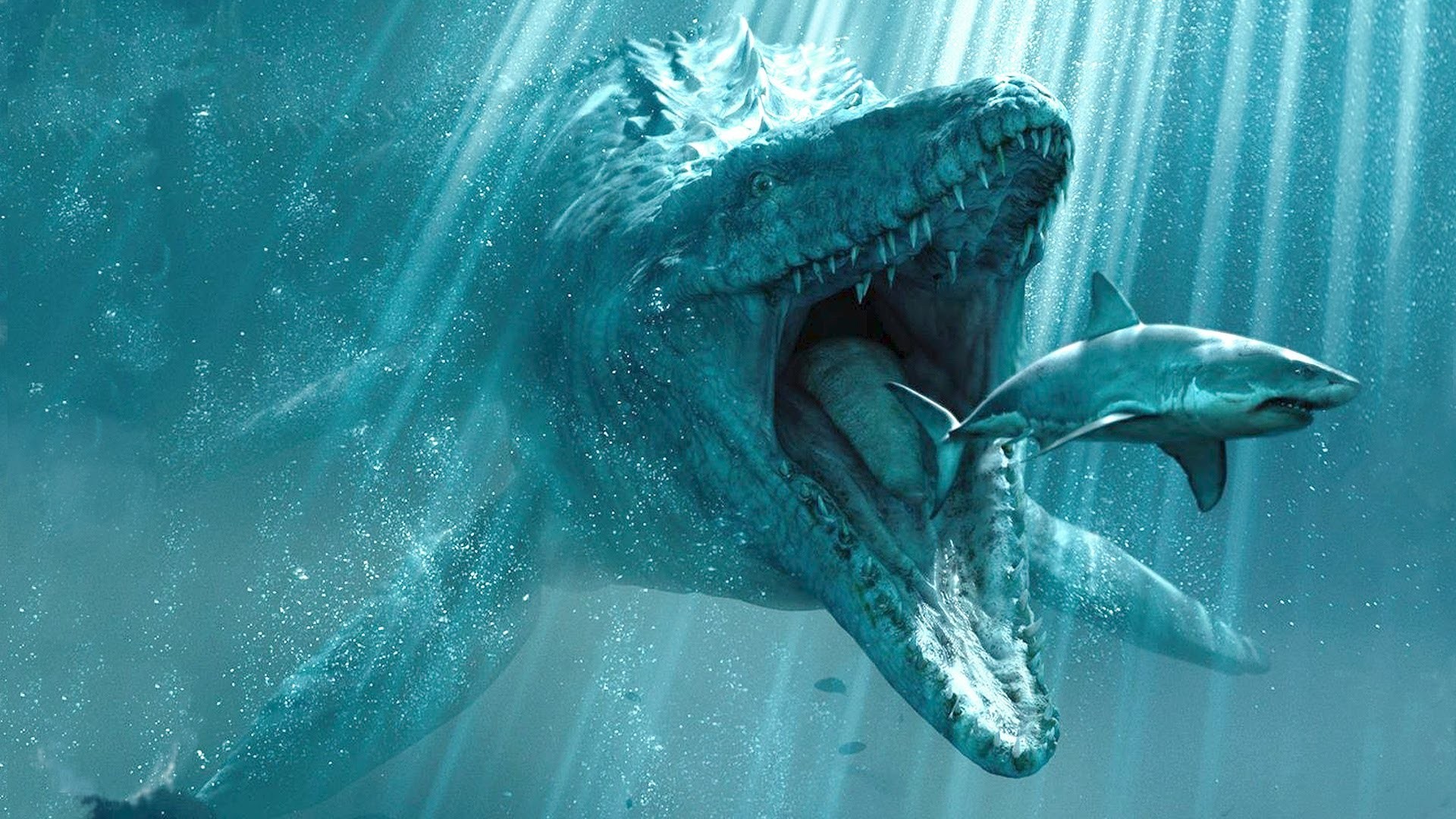 Mosasaurs eating a shark underwater HD Wallpaper