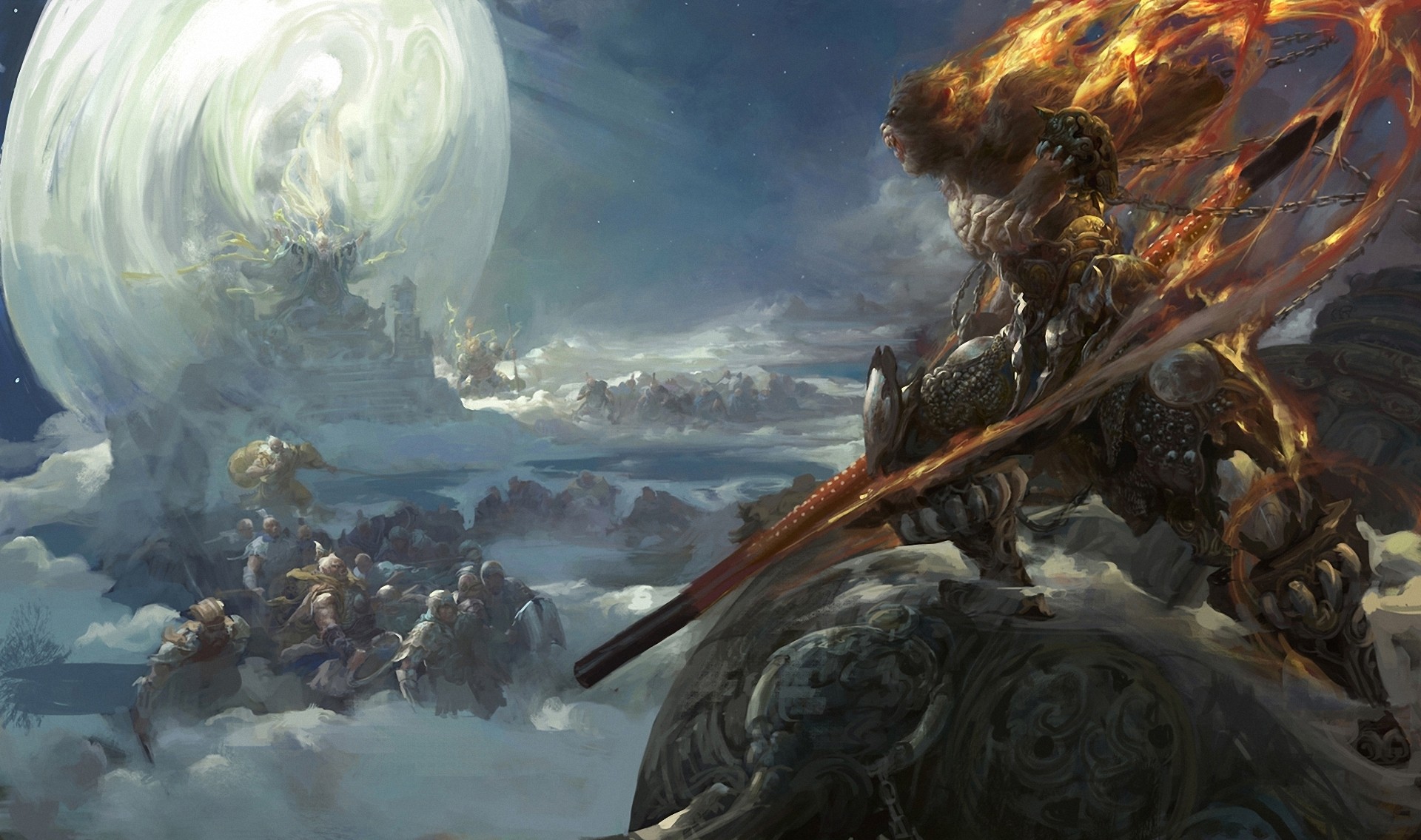 Fantasy art of a fiery warrior on a beast HD Wallpaper