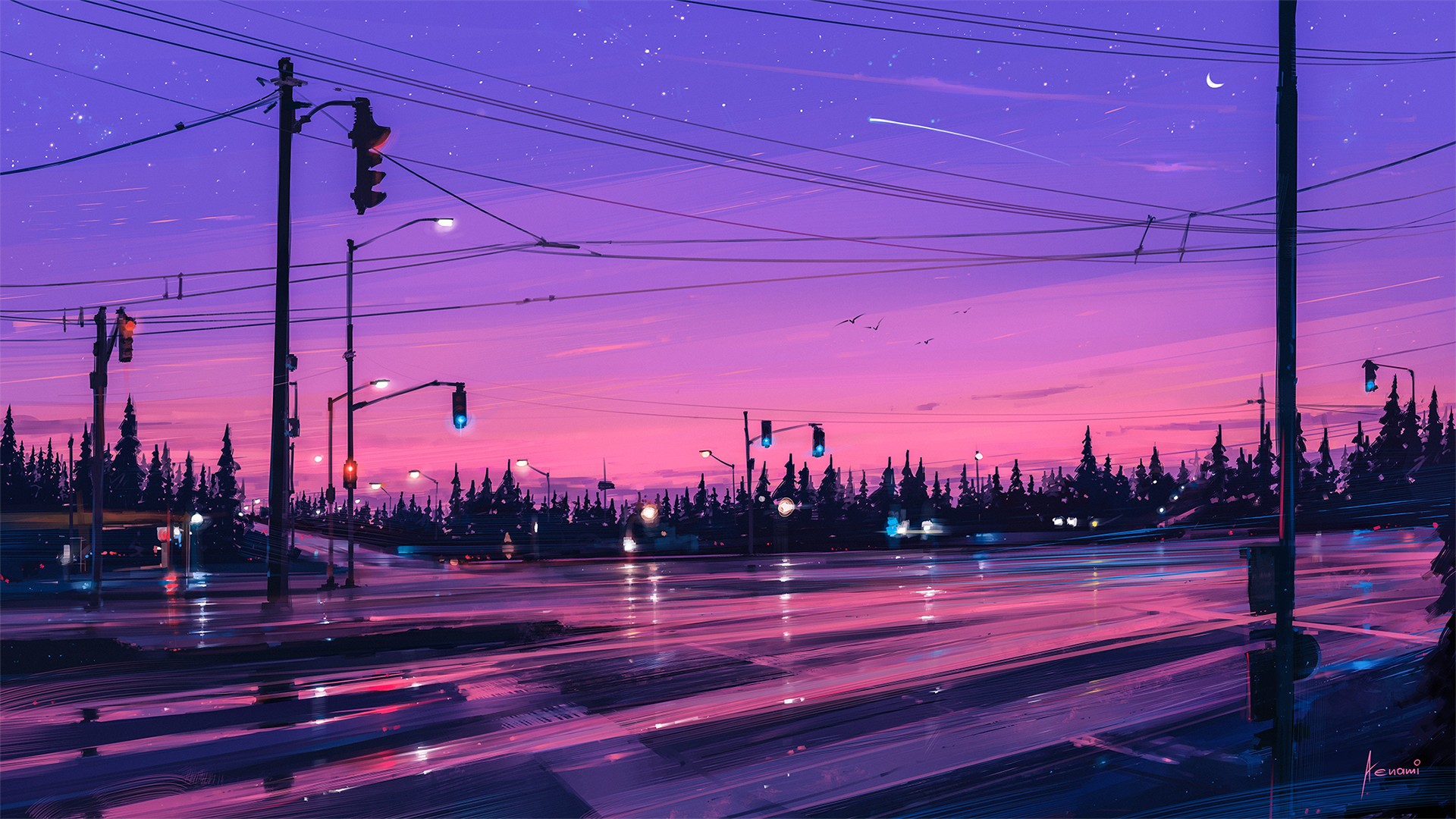 Digital art of a city street at dusk with stars HD Wallpaper