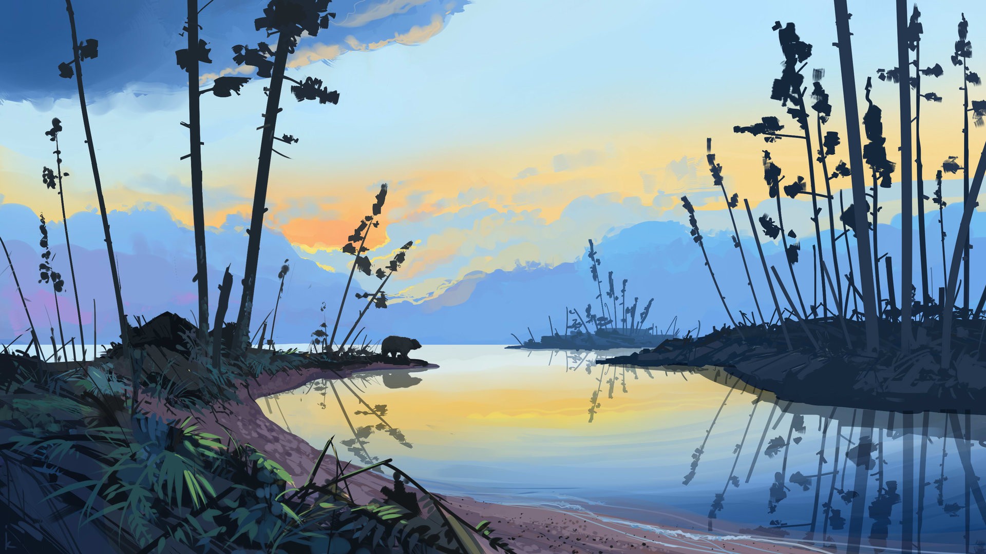 Bear by a lake at sunset with silhouetted trees HD Wallpaper