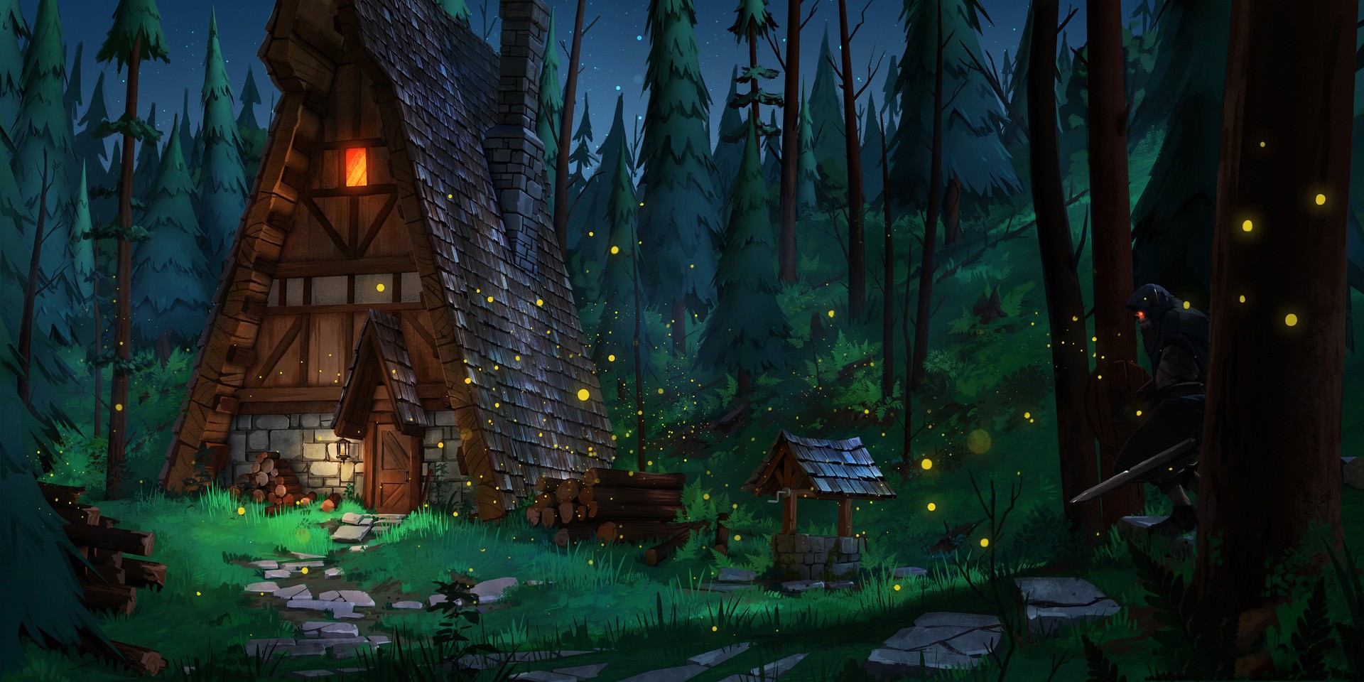 Fantasy cabin in a dark forest with fireflies HD Wallpaper