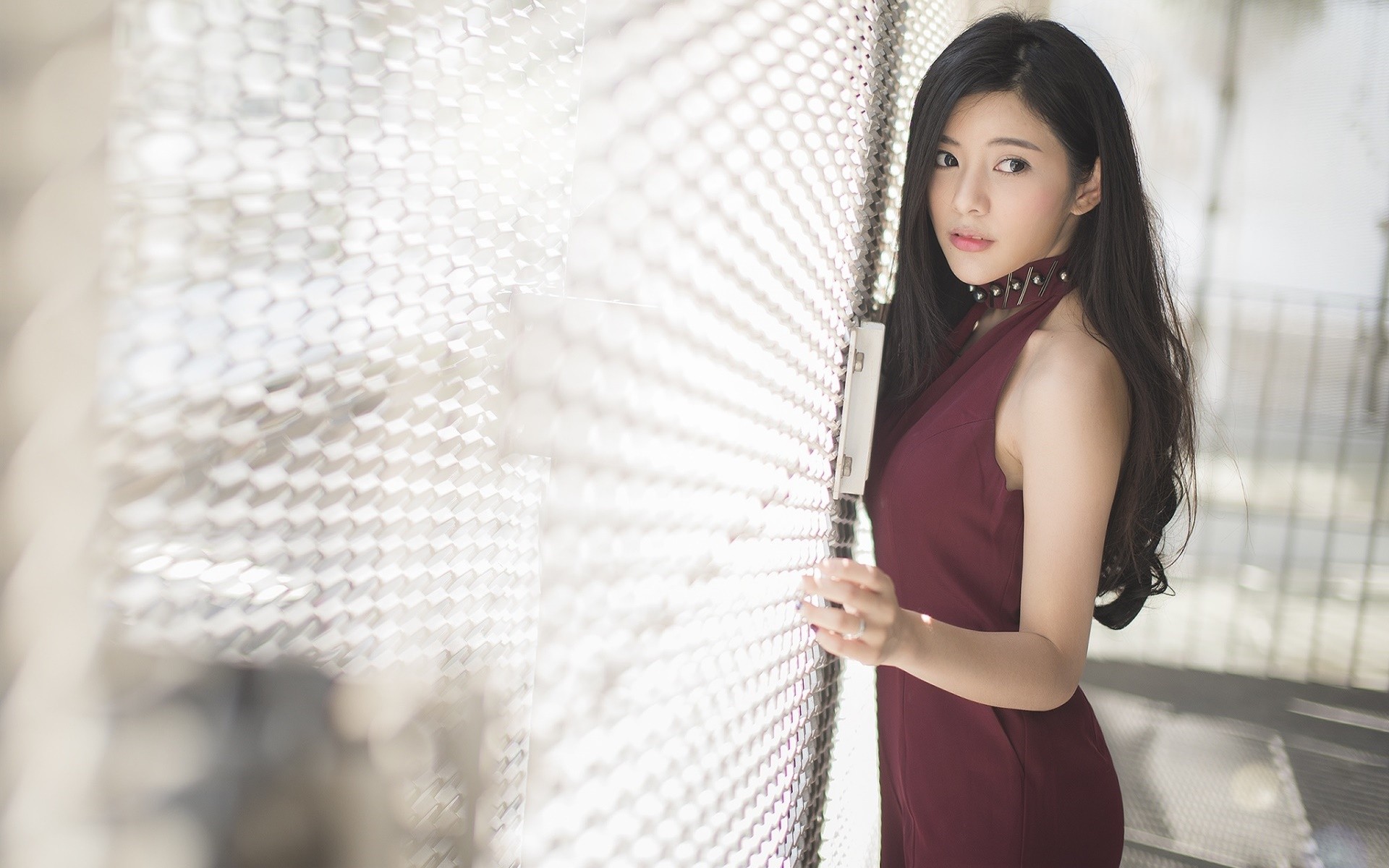 Asian woman in a maroon dress HD Wallpaper
