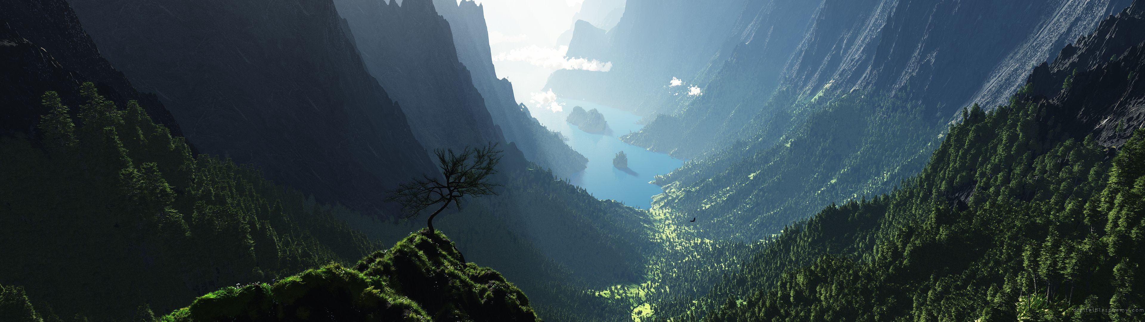 Mountain valley with a lake and a lone tree HD Wallpaper