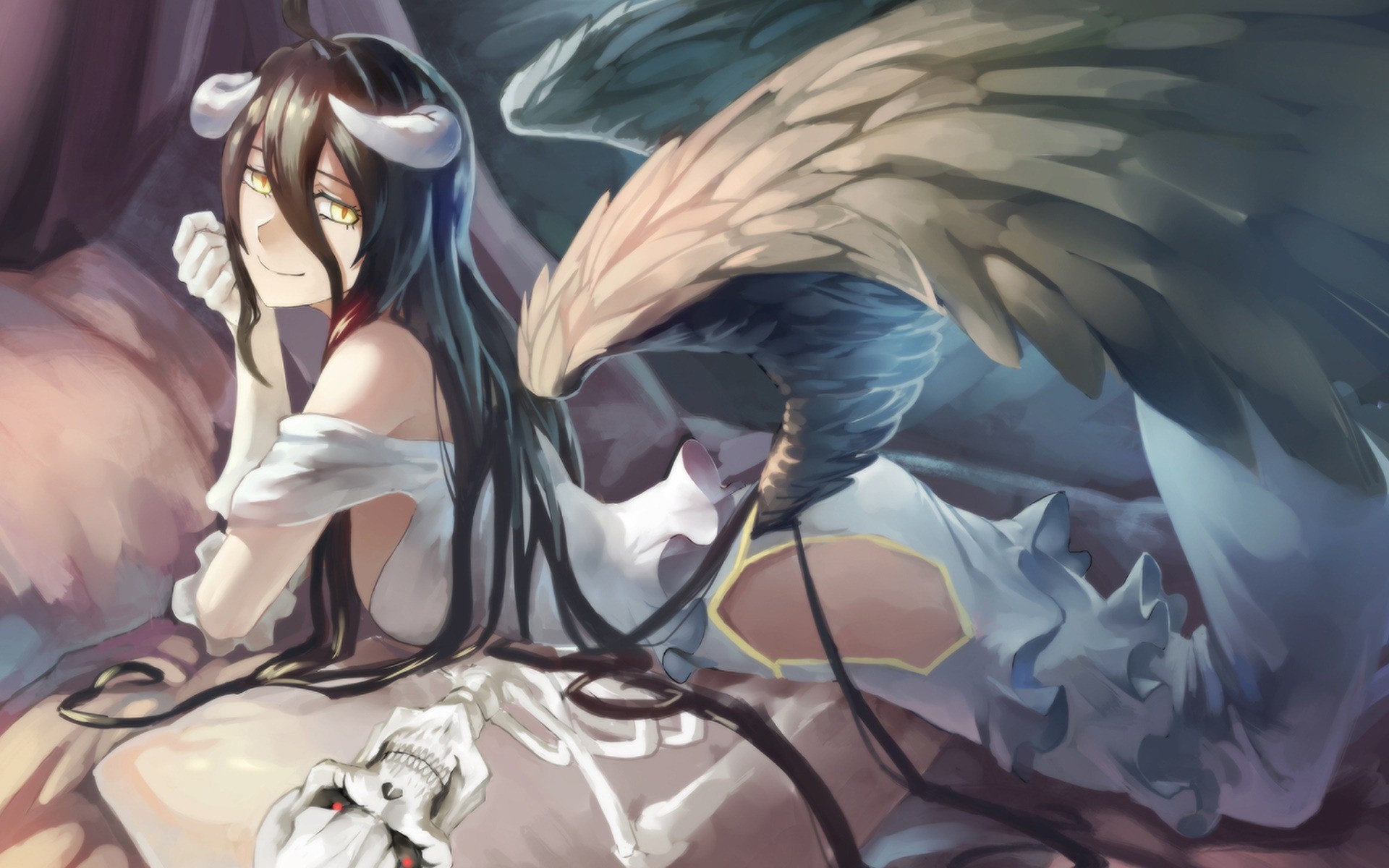 wings, Overlord (anime), anime girls, long hair, anime, horns, Albedo (OverLord), yellow eyes, black hair HD Wallpaper