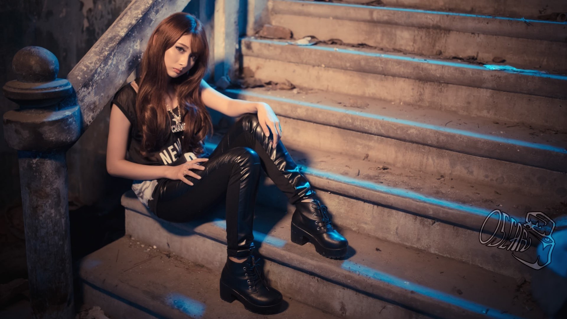 Asian model sitting on stairs HD Wallpaper