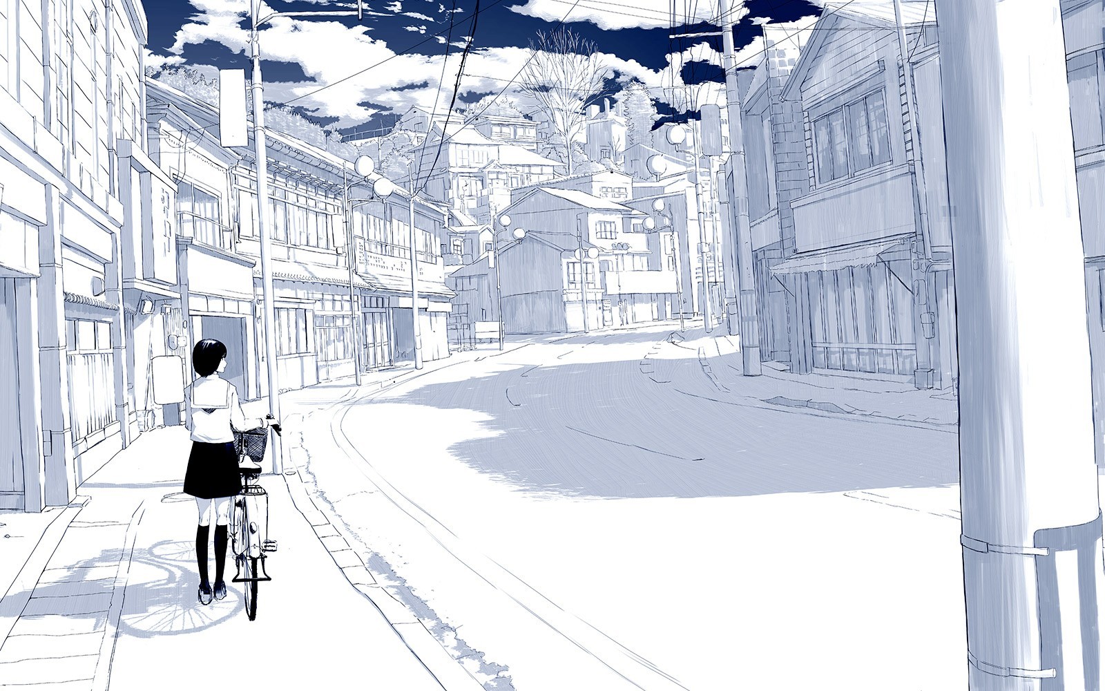 Anime girl with bicycle in a Japanese town HD Wallpaper