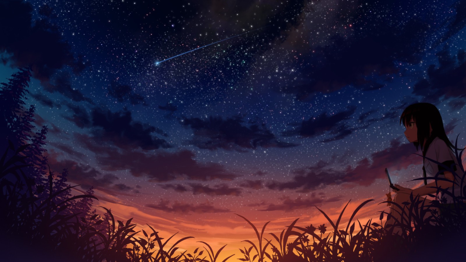 Anime girl watching a shooting star at sunset HD Wallpaper