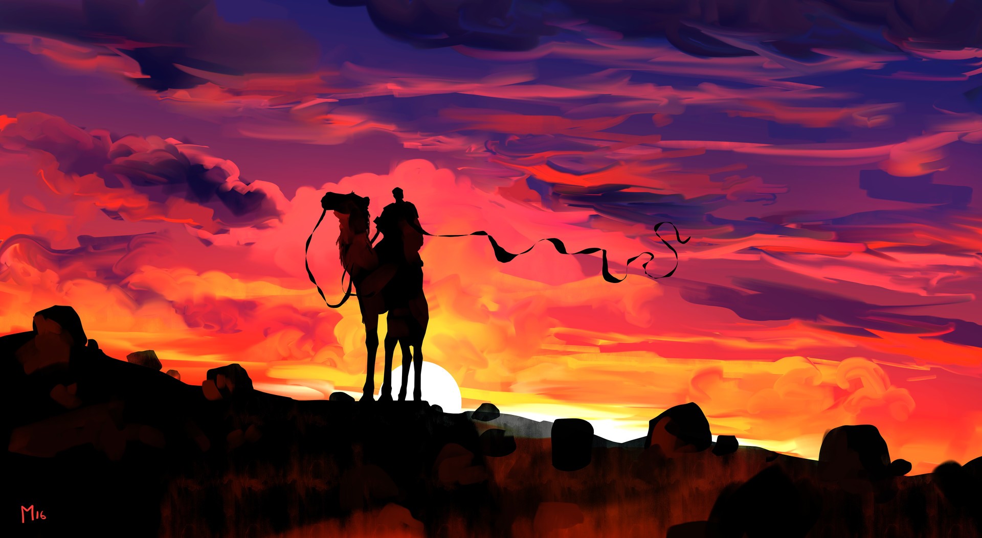Camel rider silhouetted against a vibrant sunset HD Wallpaper