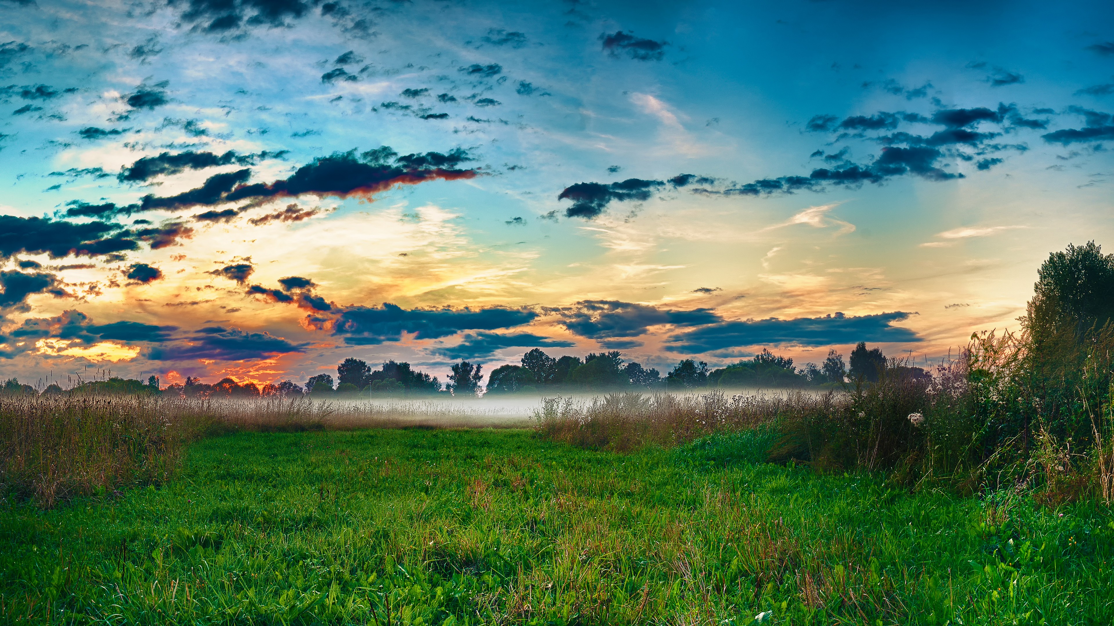 Misty field at sunrise with colorful clouds HD Wallpaper
