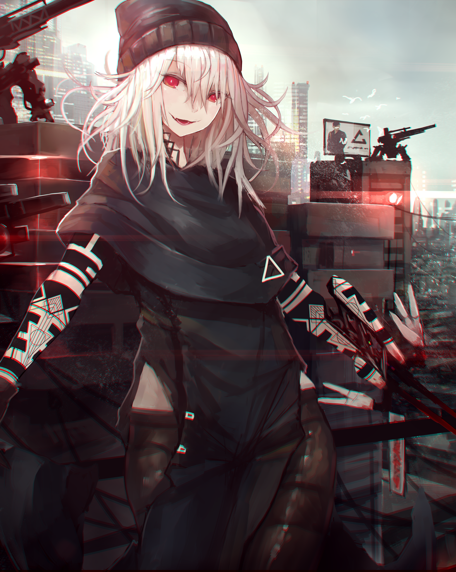 Anime girl with white hair and red eyes in cyberpunk city HD Wallpaper