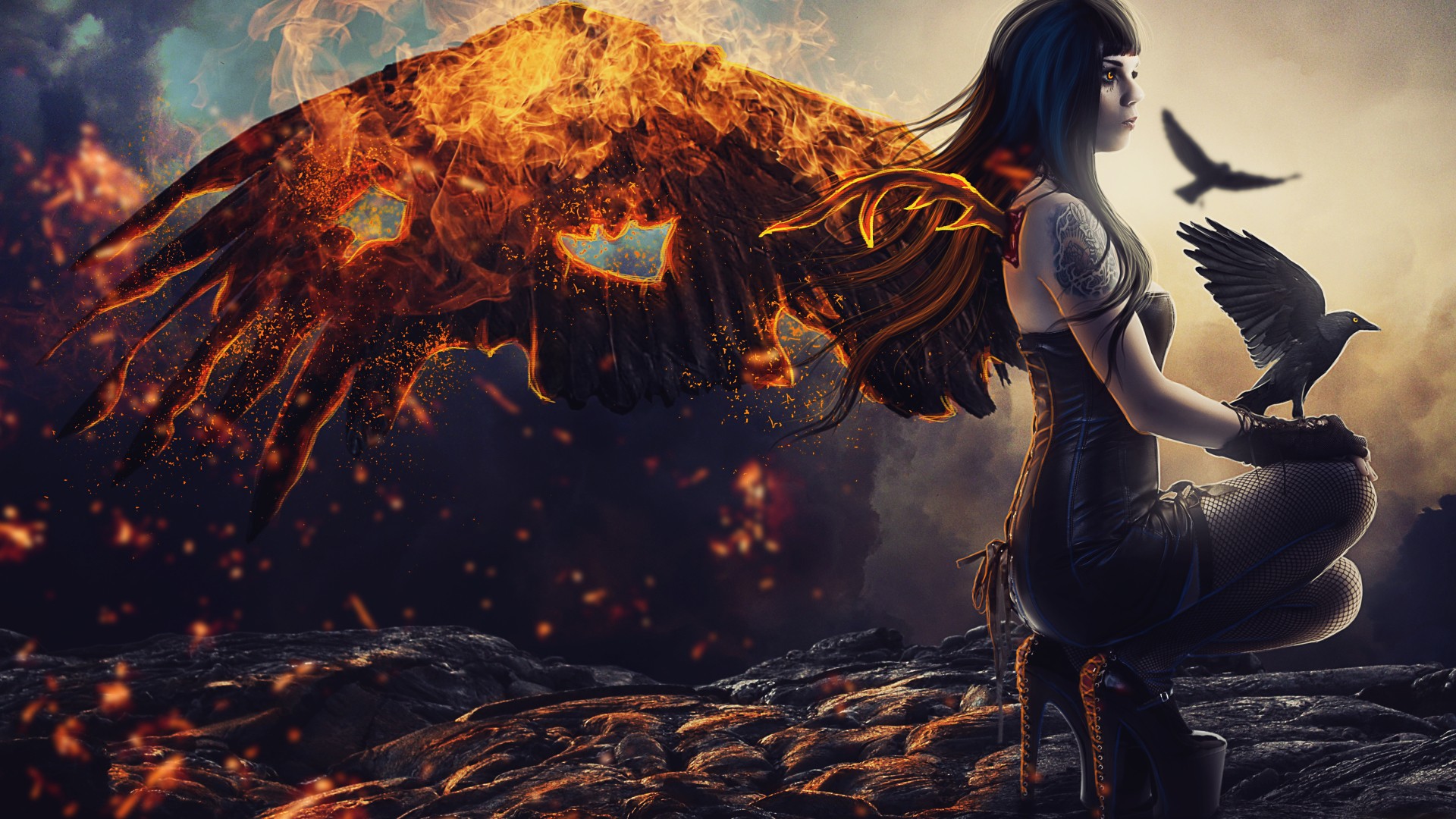 Fantasy girl with fiery wings and crows HD Wallpaper