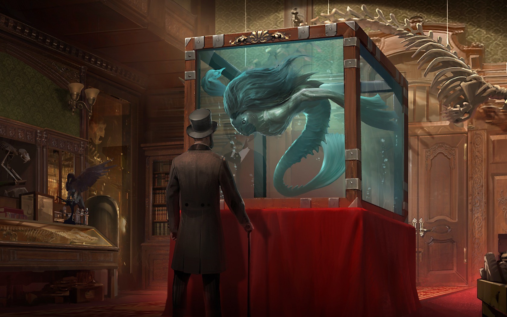 Man in top hat observes mermaid in aquarium HD Wallpaper