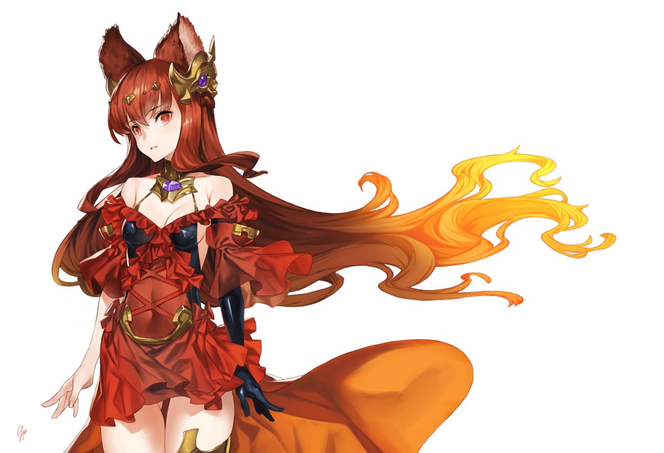 Anime girl with fox ears and fiery hair HD Wallpaper
