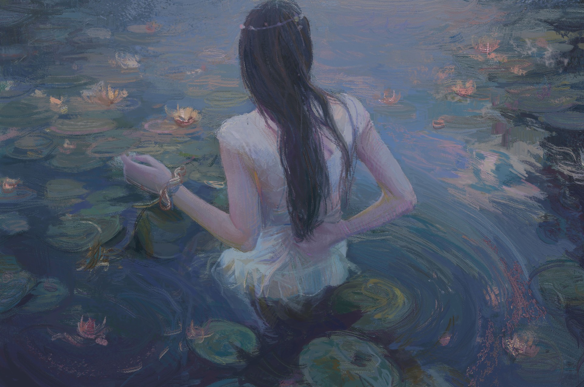 Woman in white dress in a pond with water lilies HD Wallpaper