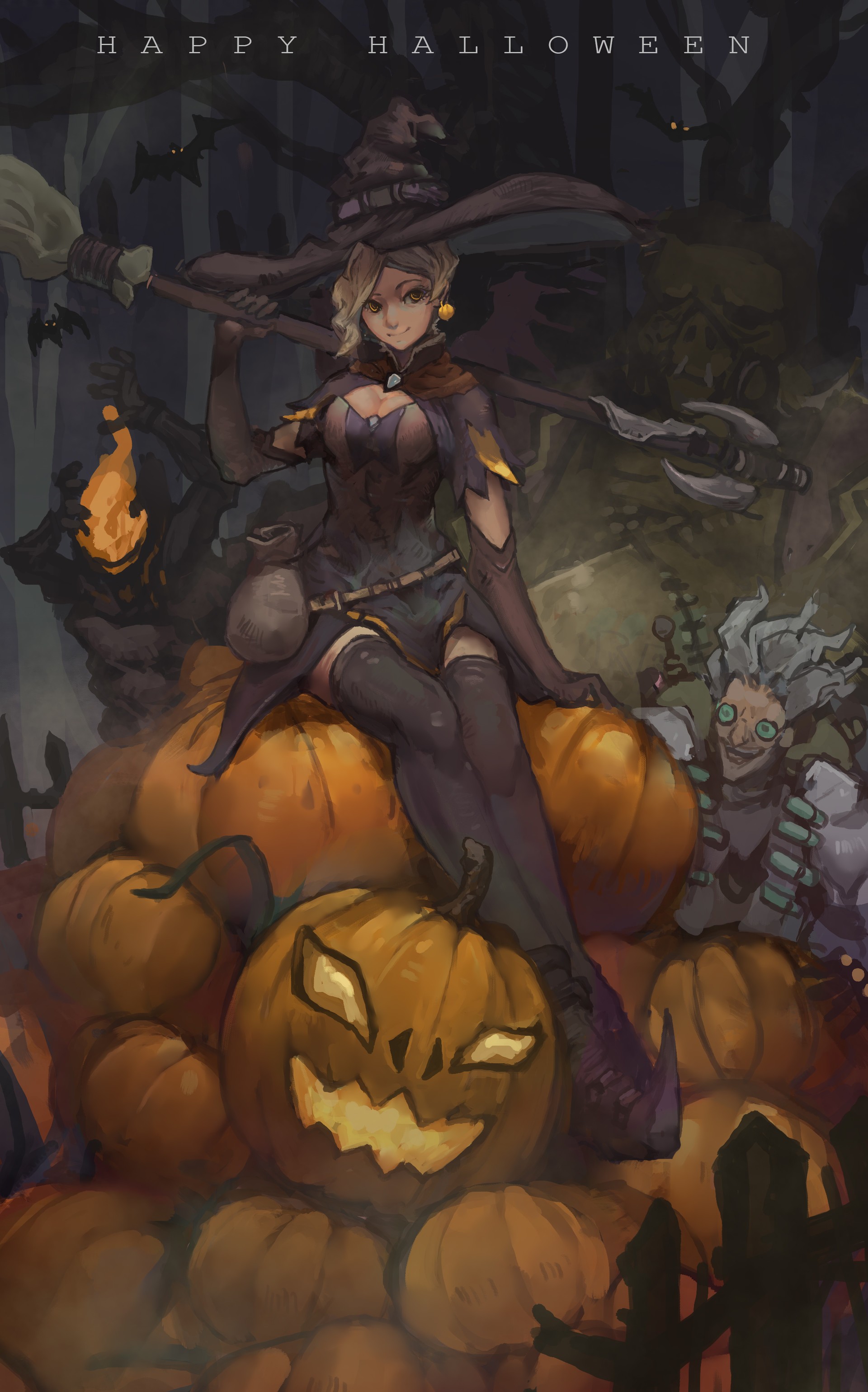 Mercy from Overwatch on pumpkins with Halloween characters HD Wallpaper