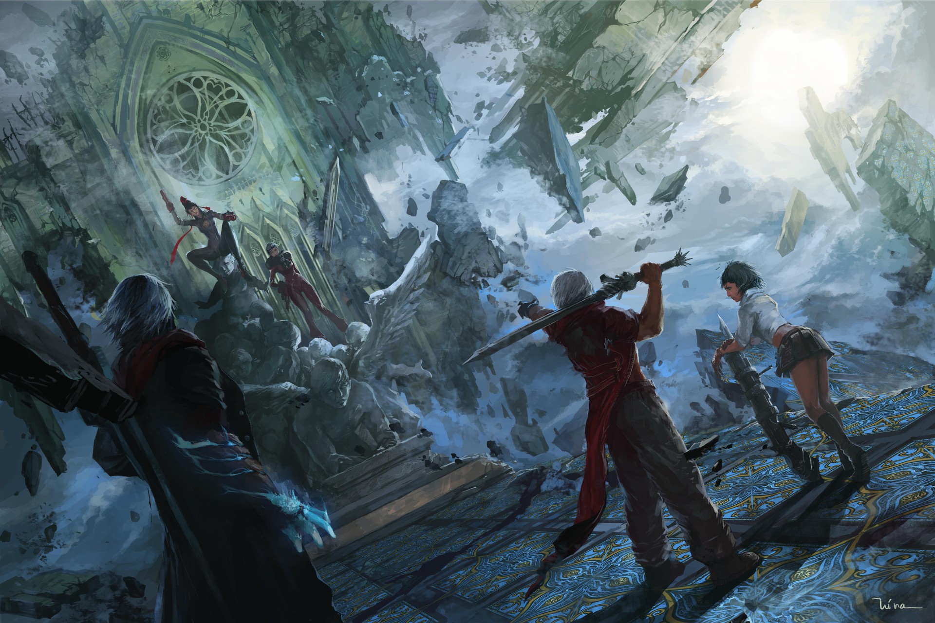 Dante and Bayonetta fighting in a ruined gothic cathedral HD Wallpaper