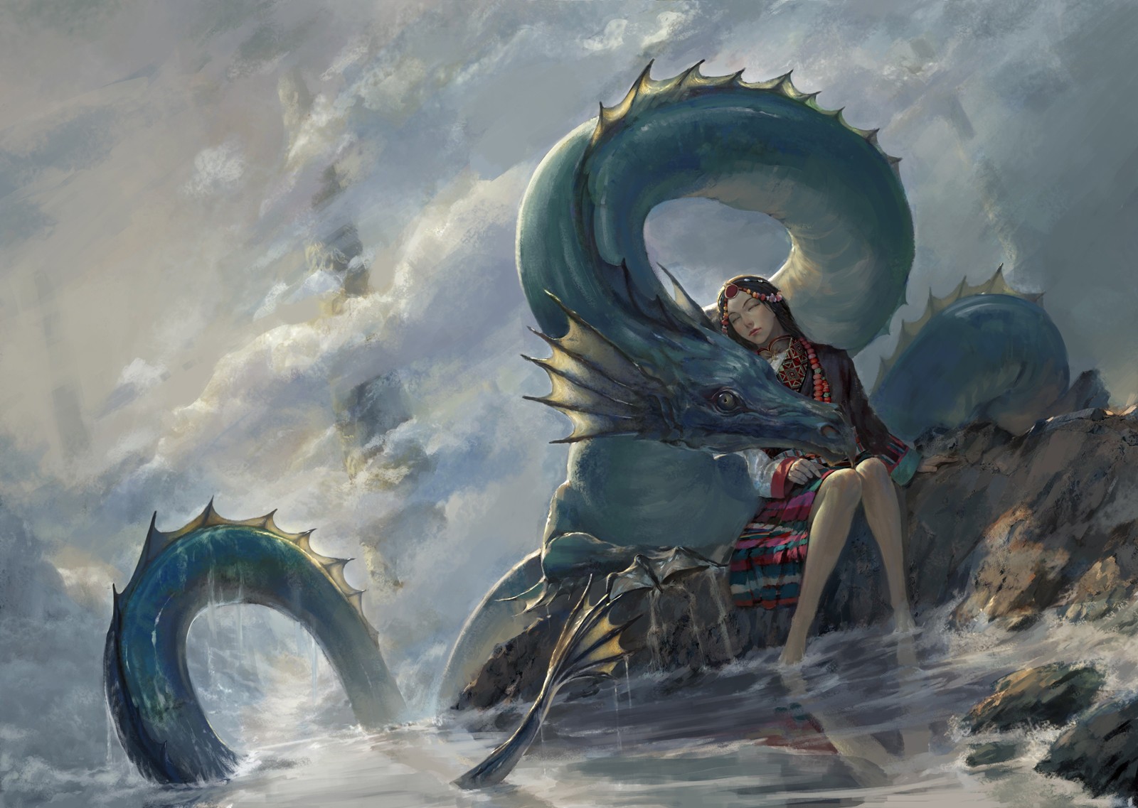 Fantasy art of a girl sleeping on a dragon HD Wallpaper