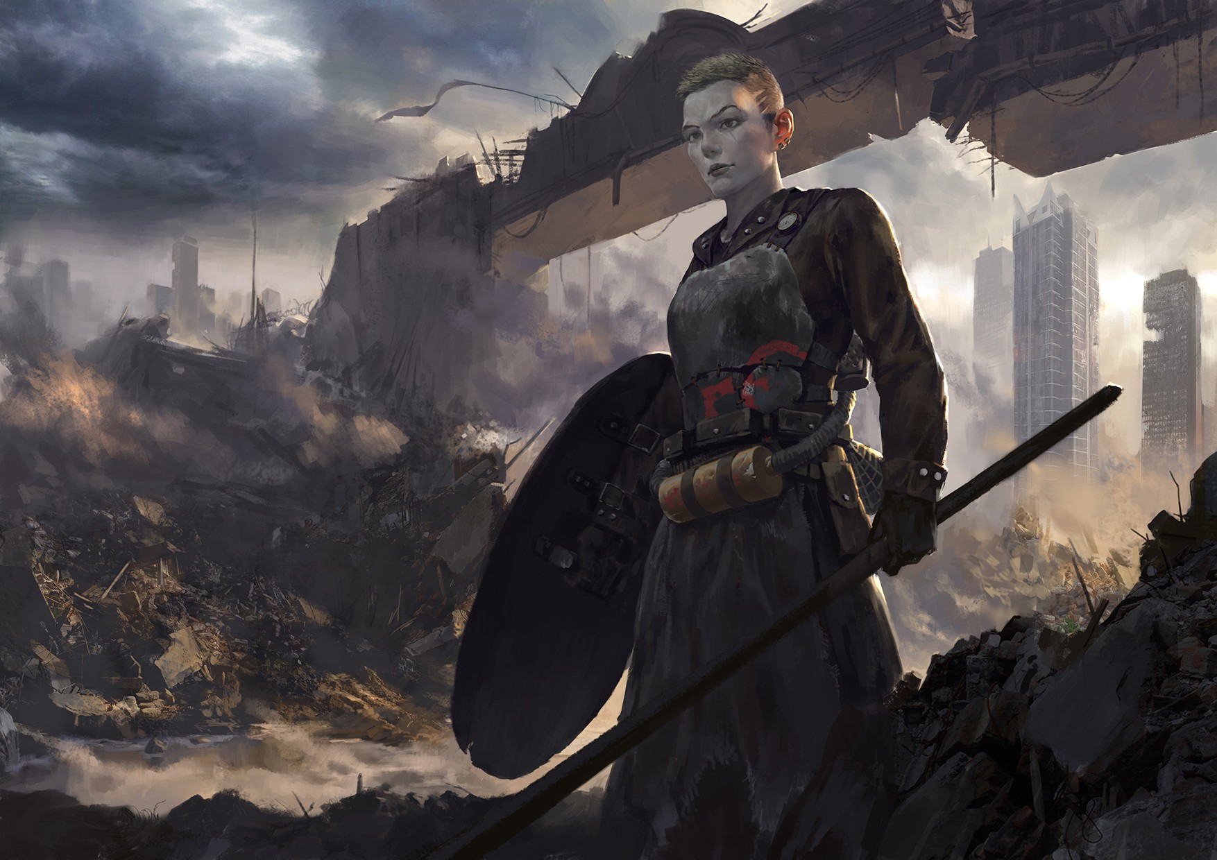 Post-apocalyptic woman with shield and spear HD Wallpaper