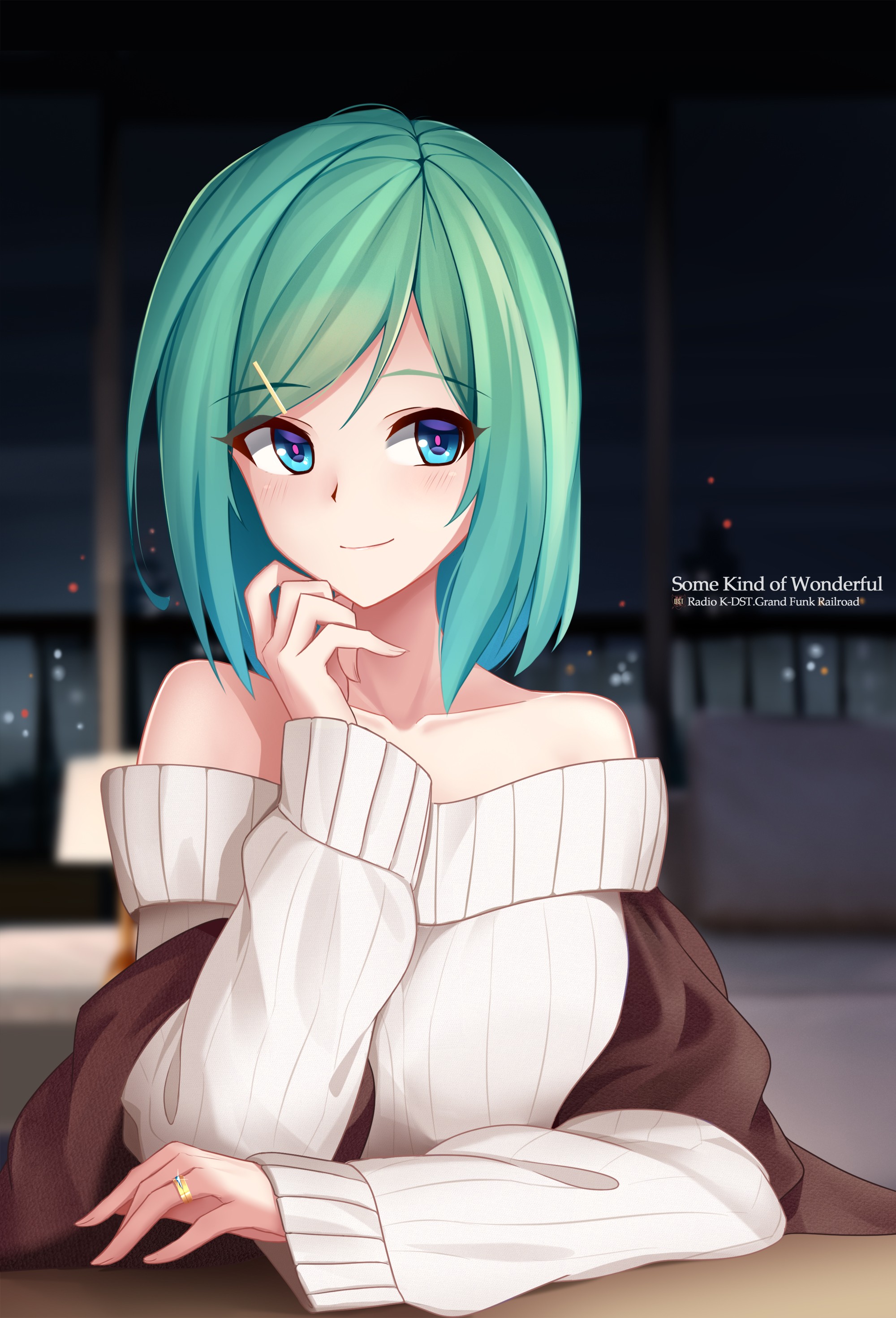 Anime girl with aqua hair and blue eyes wearing a sweater HD Wallpaper