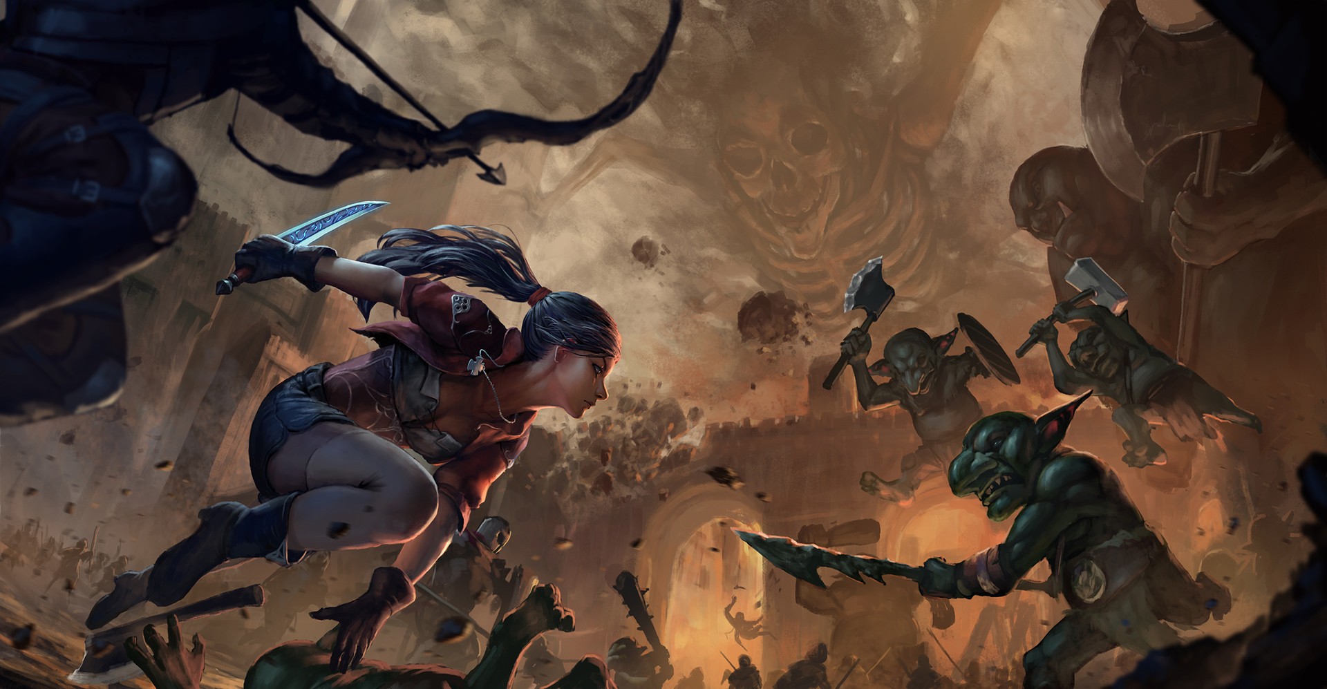 Warrior fighting goblins in a fantasy setting HD Wallpaper