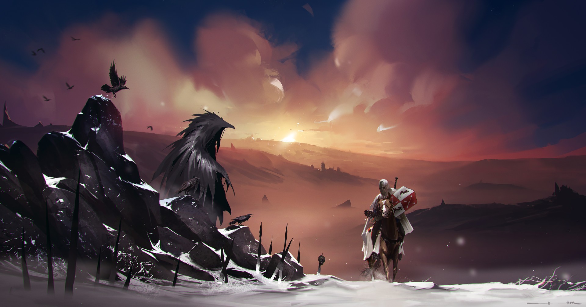 Knight on horseback with shield and sword, large crow statue, and birds in a snowy landscape at sunset HD Wallpaper