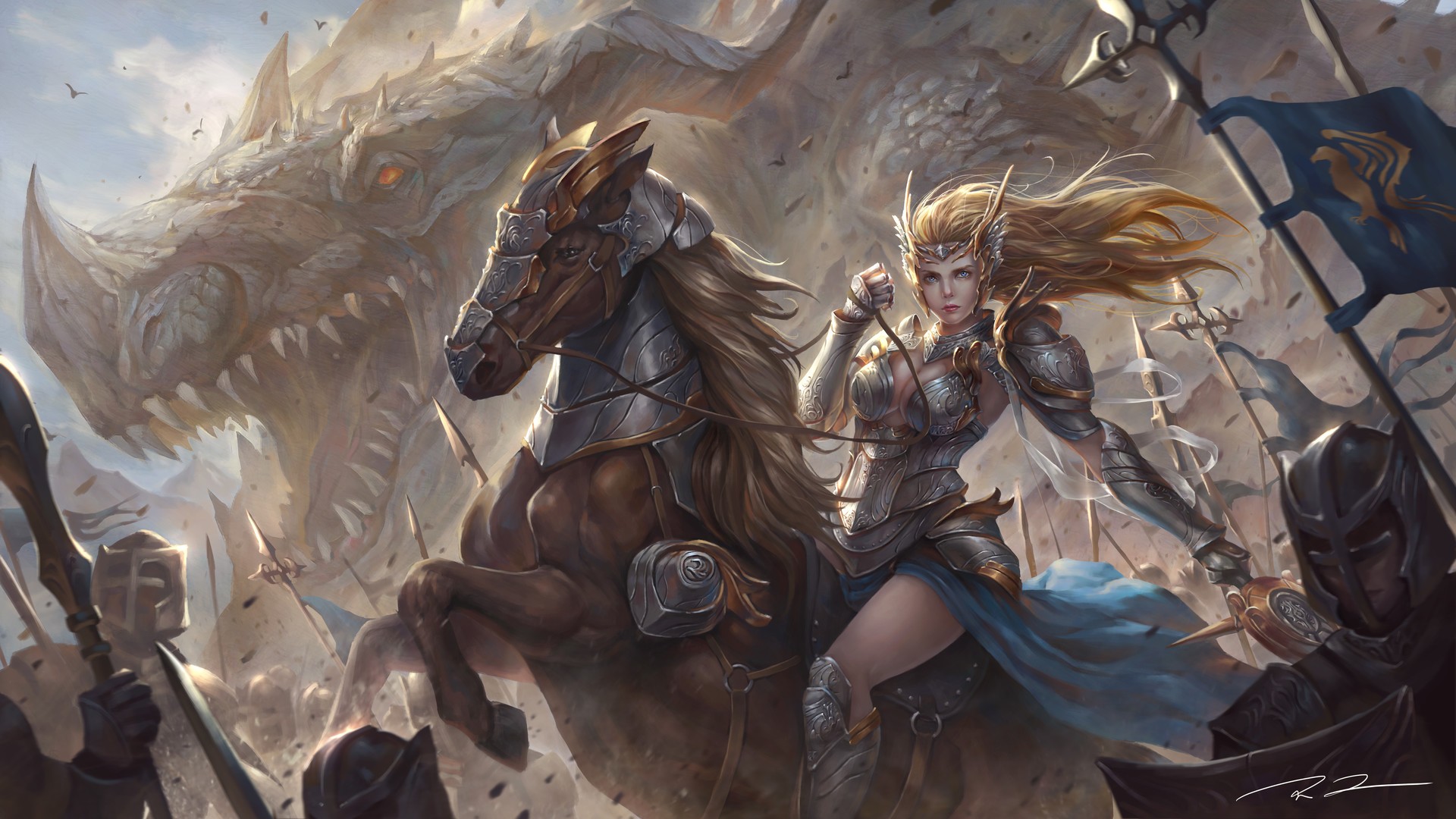 Warrior riding a horse with a dragon and army HD Wallpaper