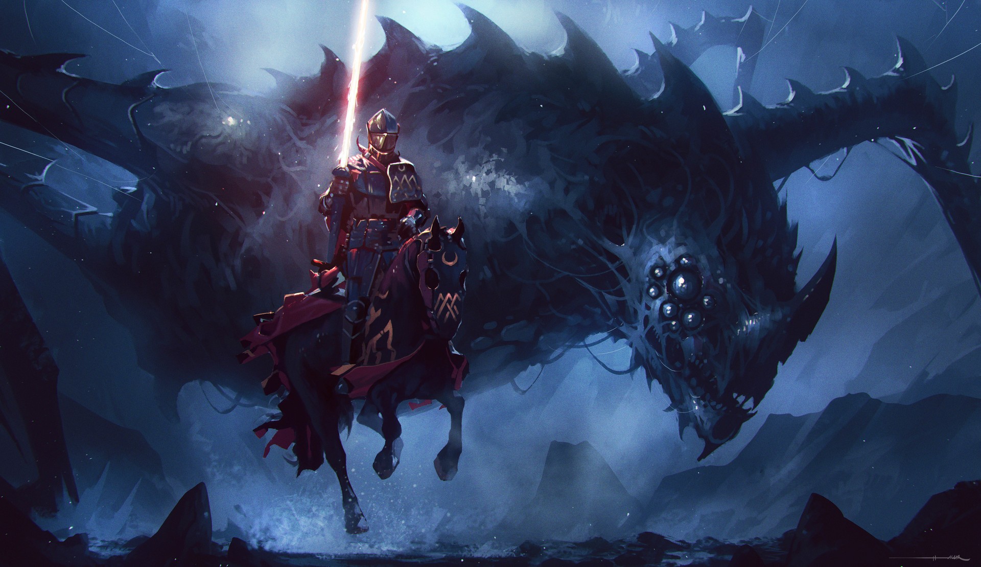 Knight on horseback facing a monstrous dragon HD Wallpaper