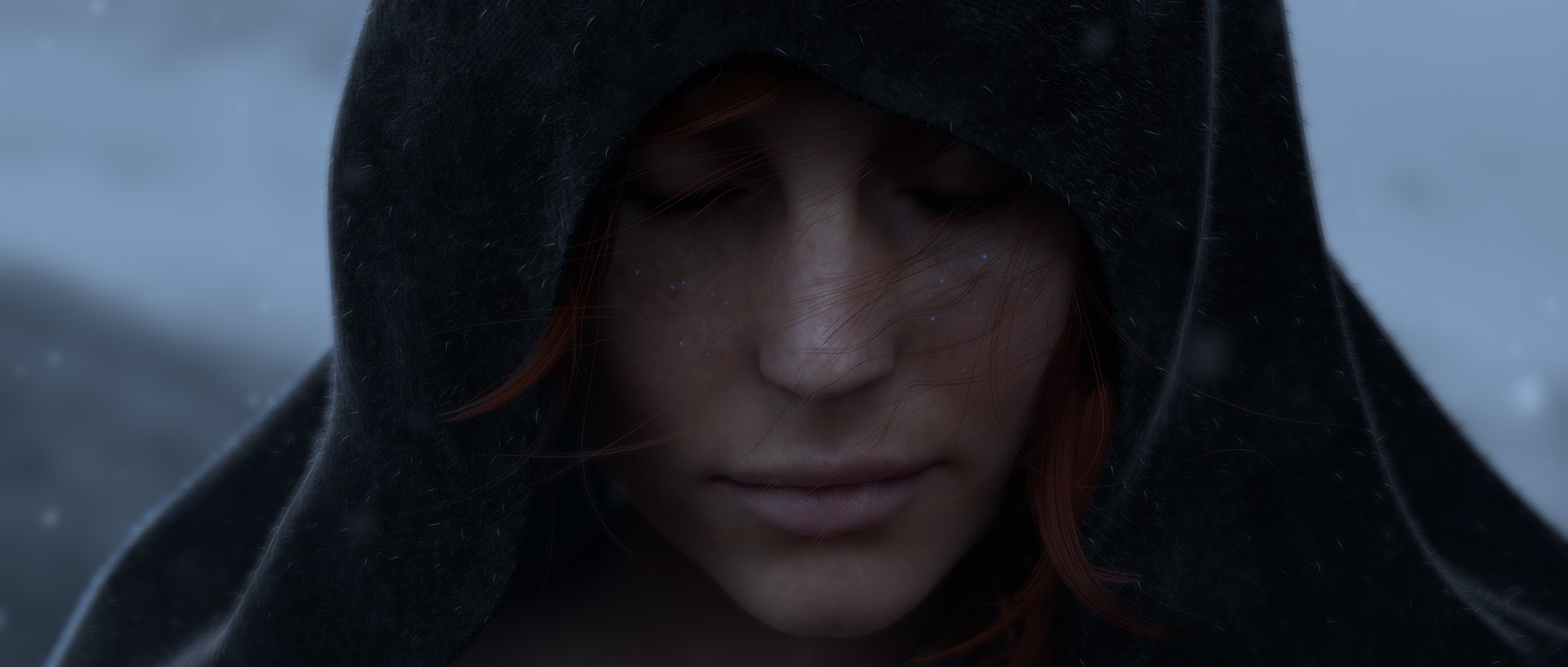 Woman with red hair in a dark hood HD Wallpaper