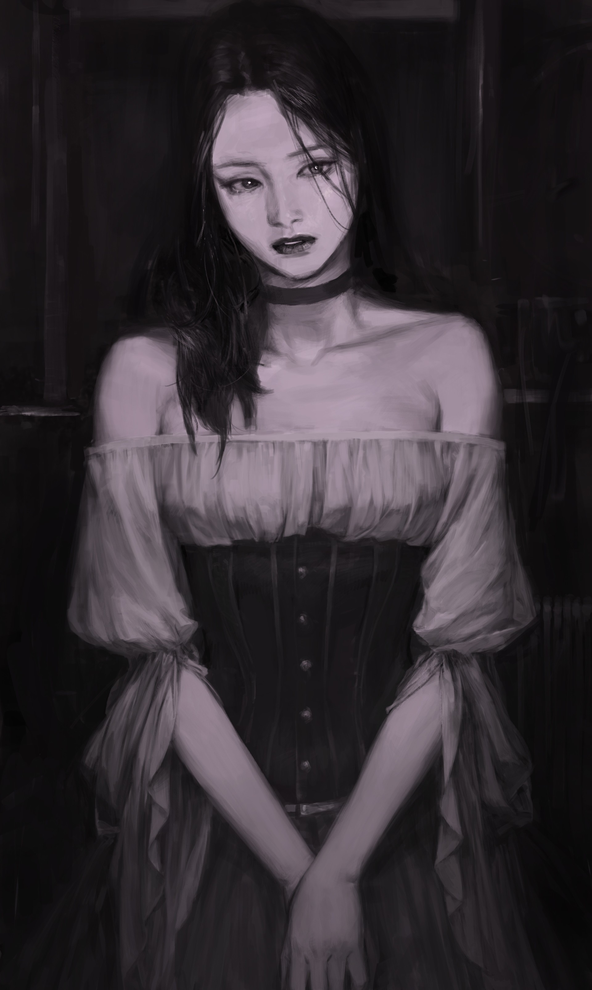 Monochrome painting of a woman in a corset HD Wallpaper