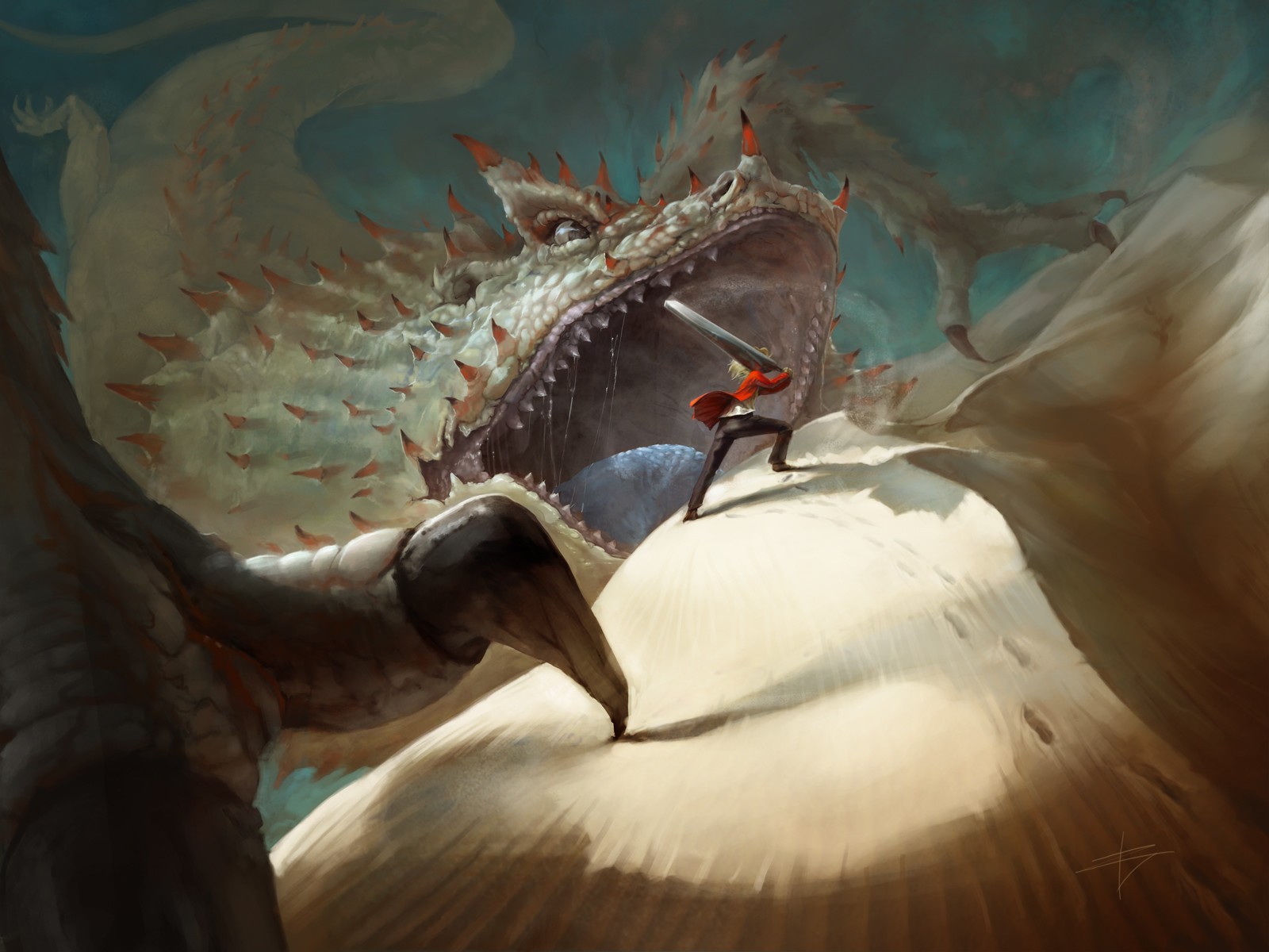 Warrior facing a giant dragon HD Wallpaper