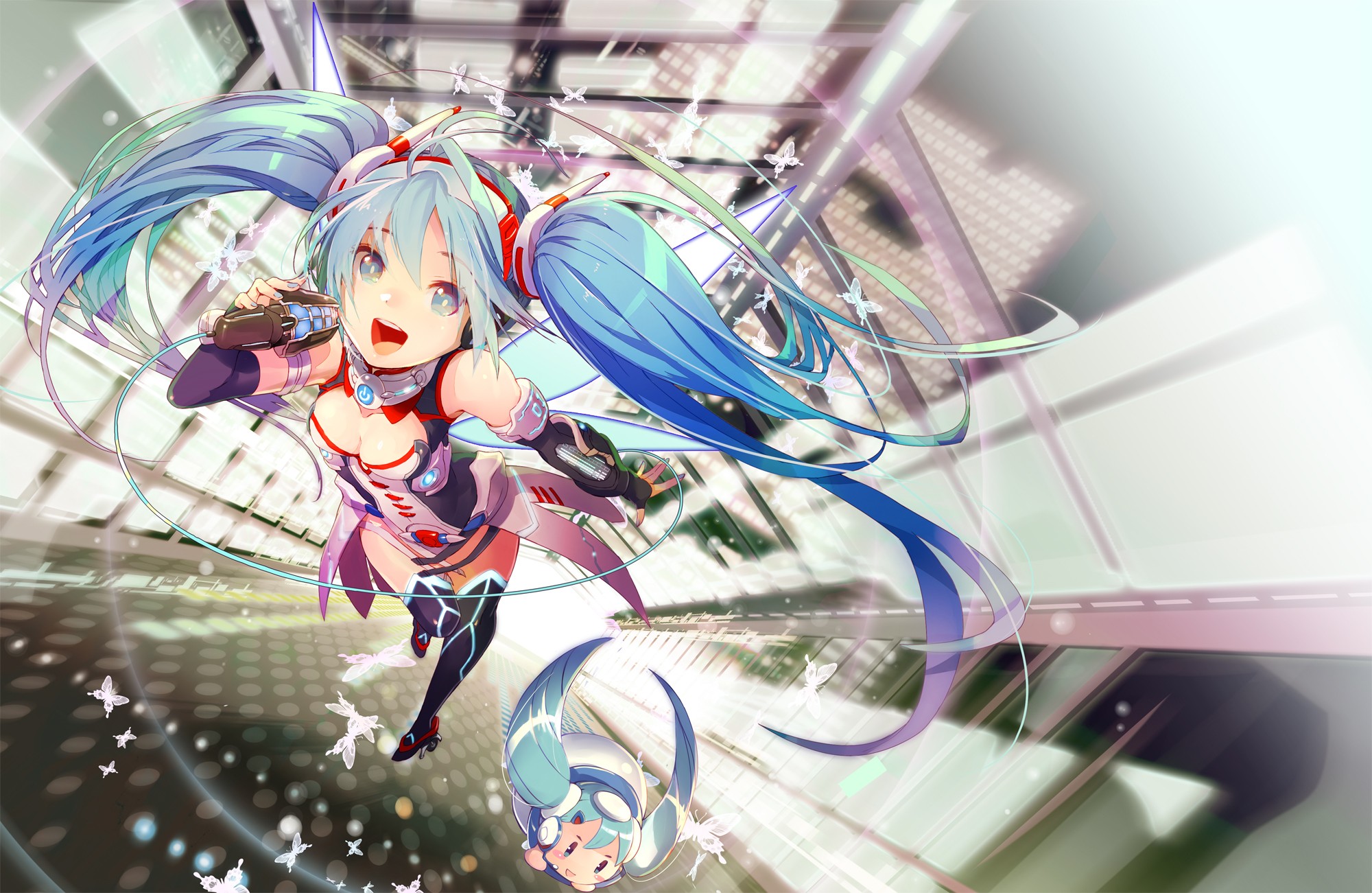 Hatsune Miku singing with butterflies in a futuristic city HD Wallpaper
