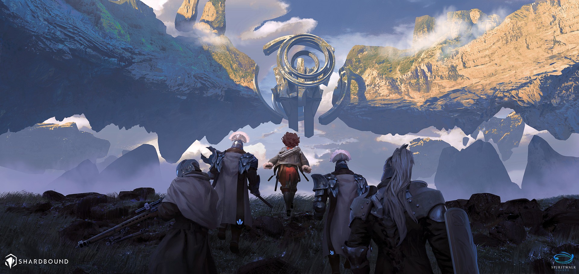 Fantasy adventurers approach a floating structure in a mountainous landscape HD Wallpaper