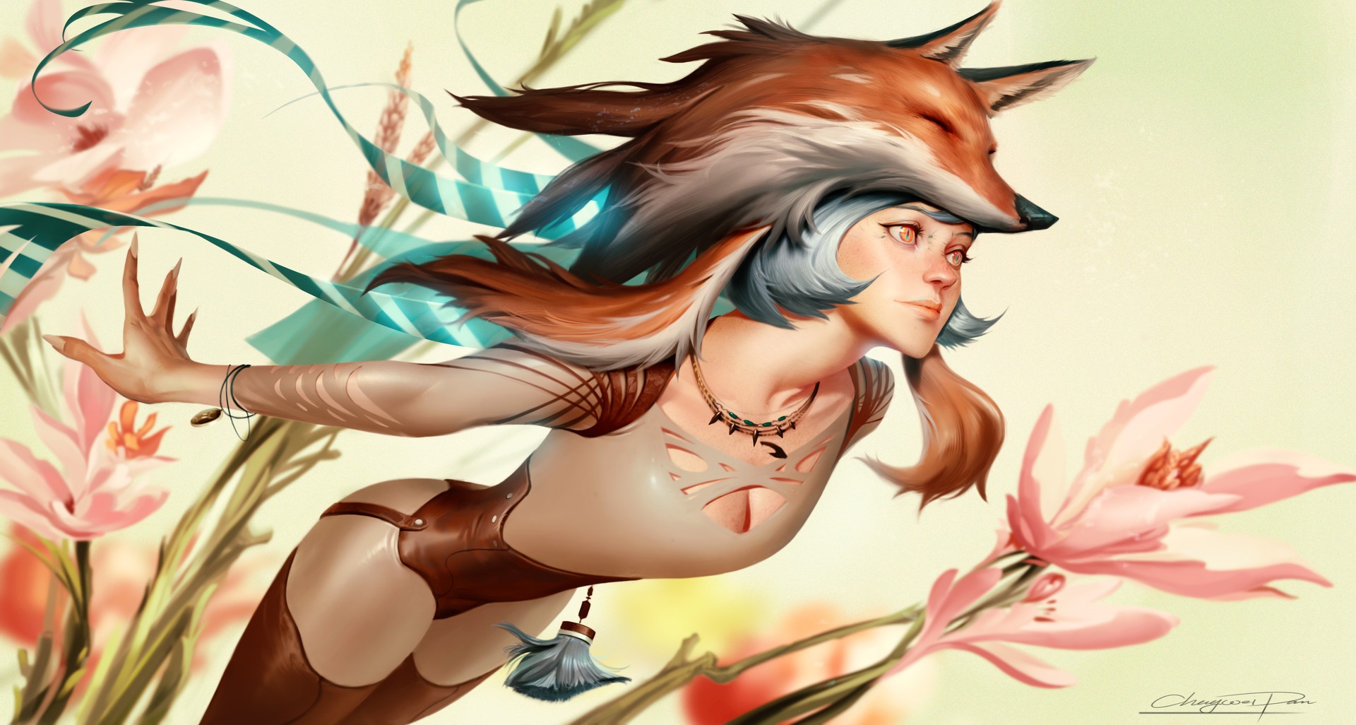 Girl with fox hat and flowers HD Wallpaper