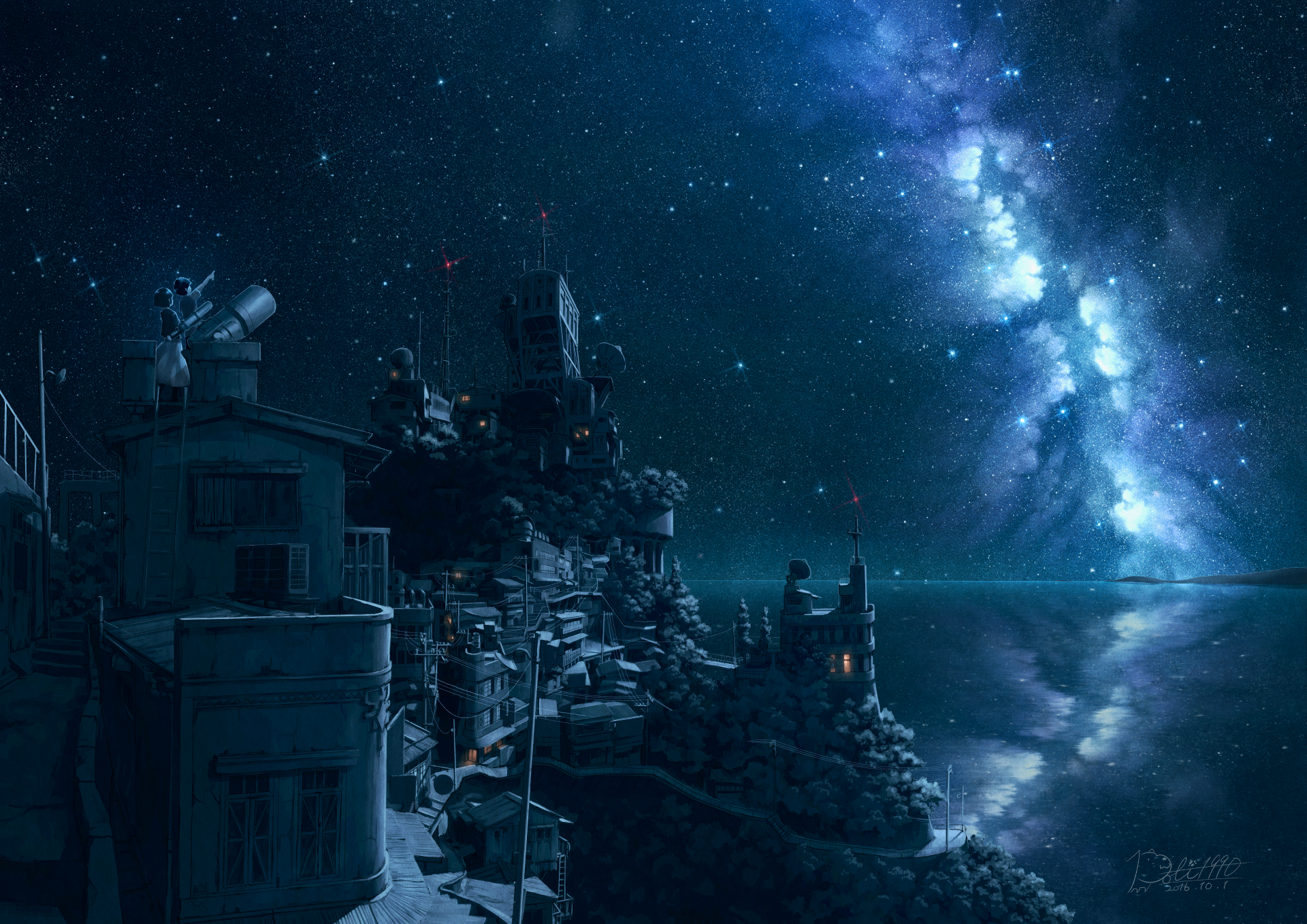 Coastal town under a starry night sky HD Wallpaper