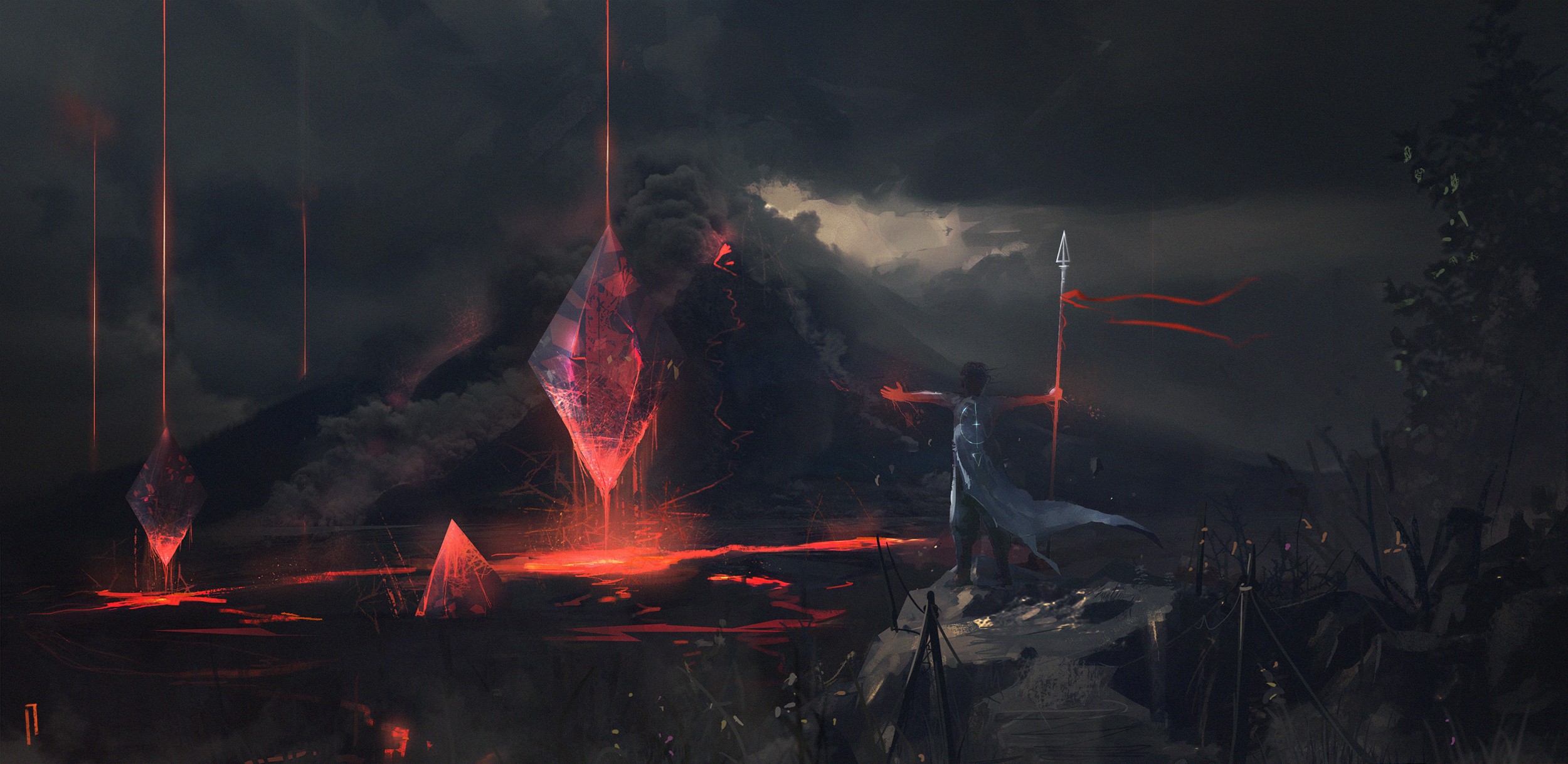 Artwork of a volcano with crystals and a person HD Wallpaper
