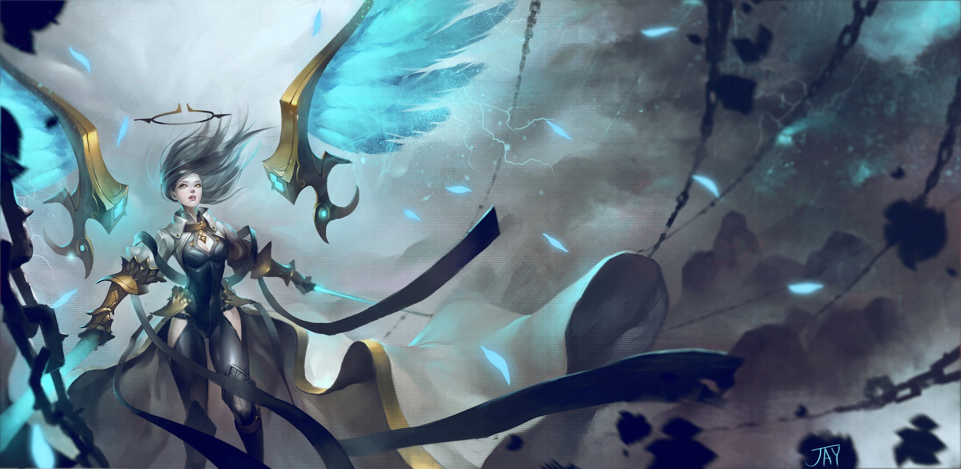 Fantasy angel with glowing wings and chains HD Wallpaper