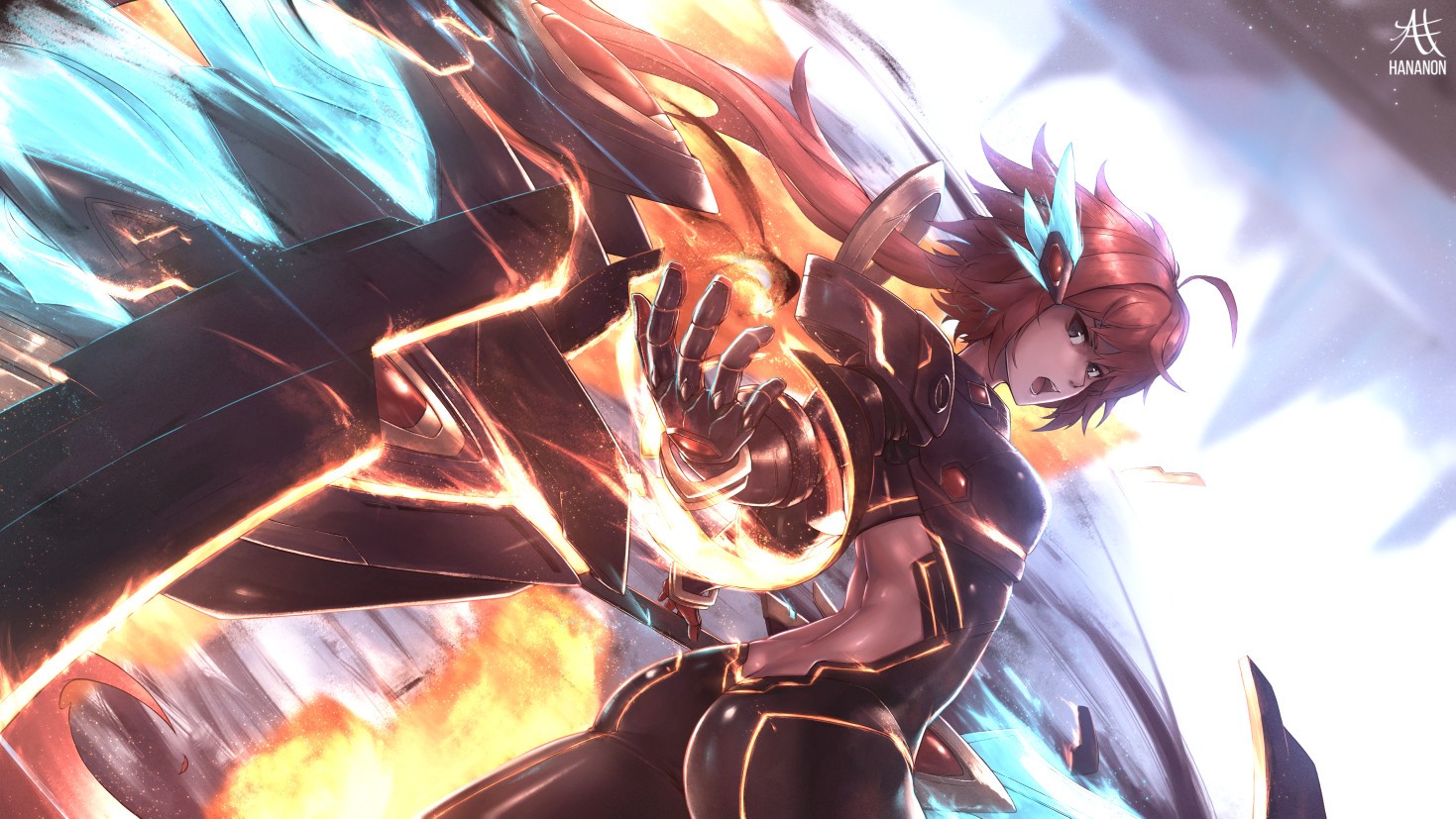 Anime girl with fiery wings and exosuit HD Wallpaper