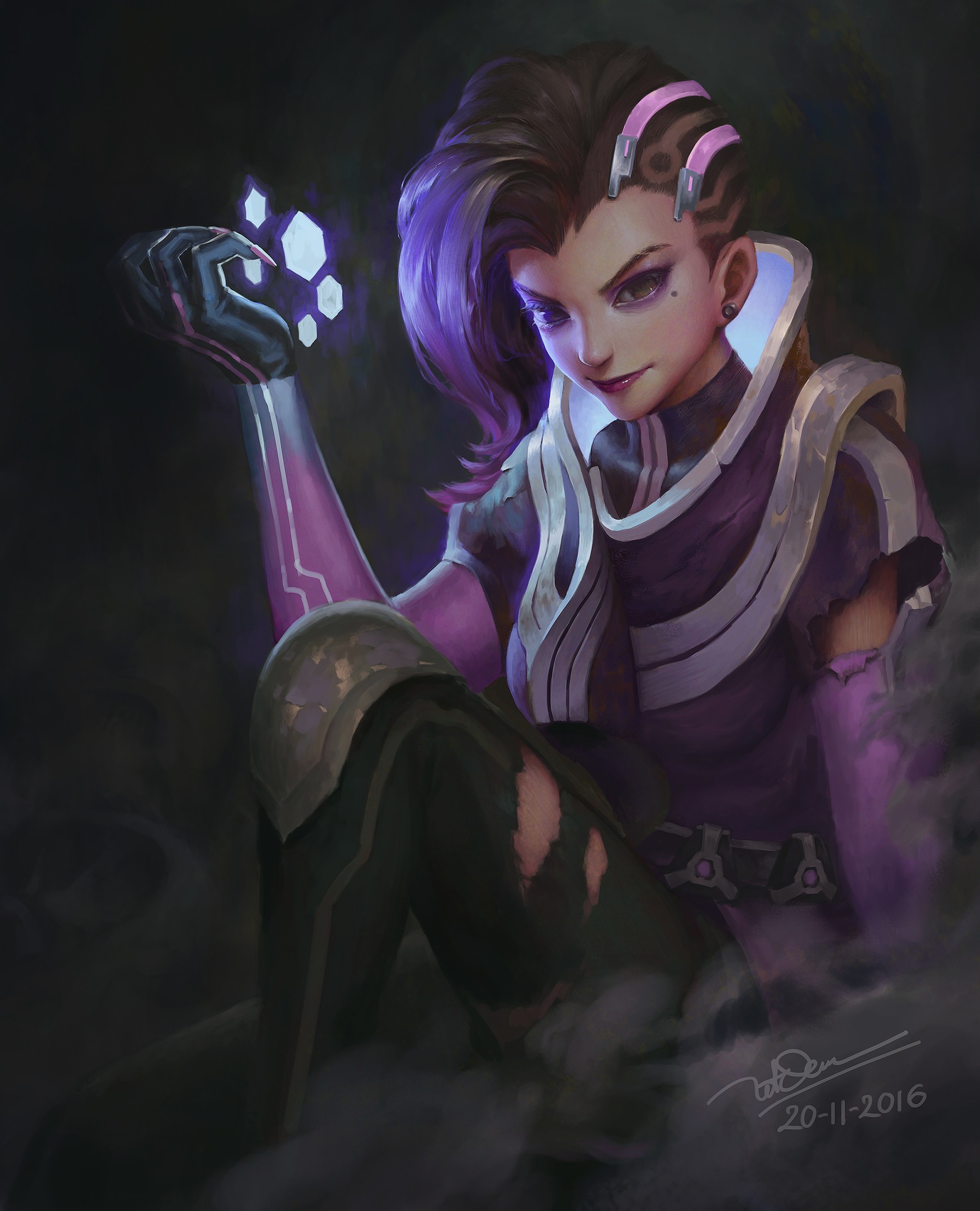 Sombra from Overwatch holding glowing crystals HD Wallpaper