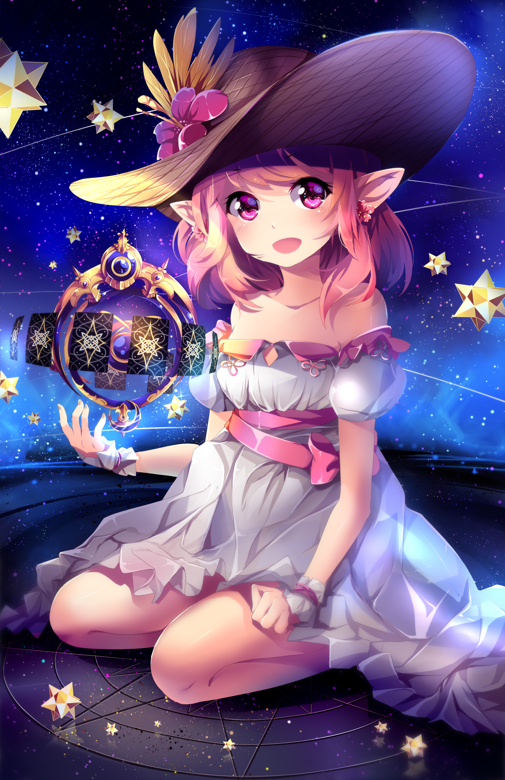 Anime girl with pink hair and hat holding a magical orb HD Wallpaper