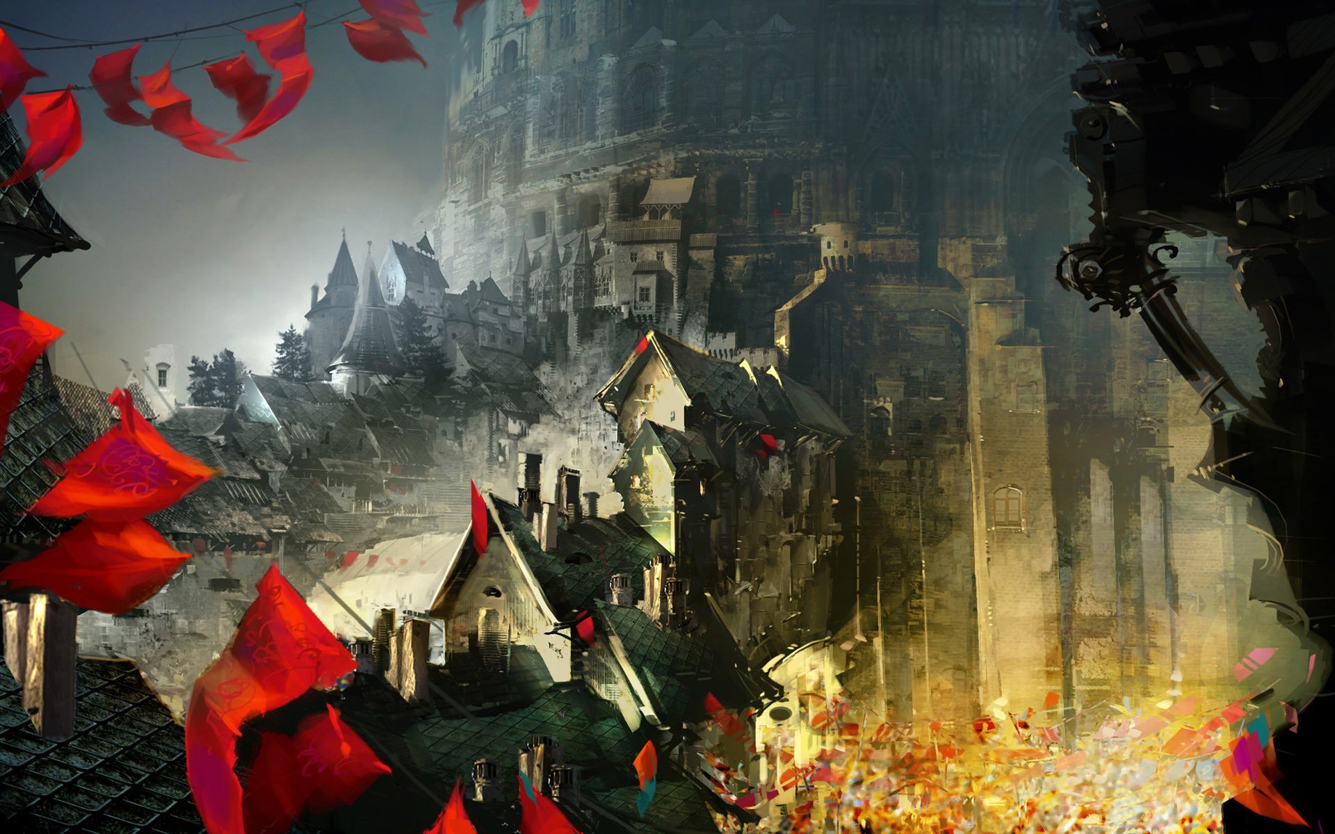 Fantasy city with red banners and ancient castle HD Wallpaper