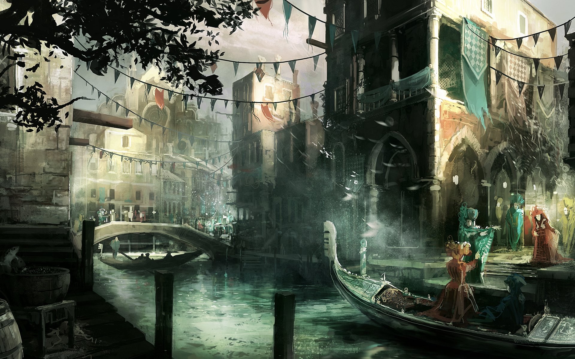 Artwork of a Venetian canal with gondolas and masked figures HD Wallpaper